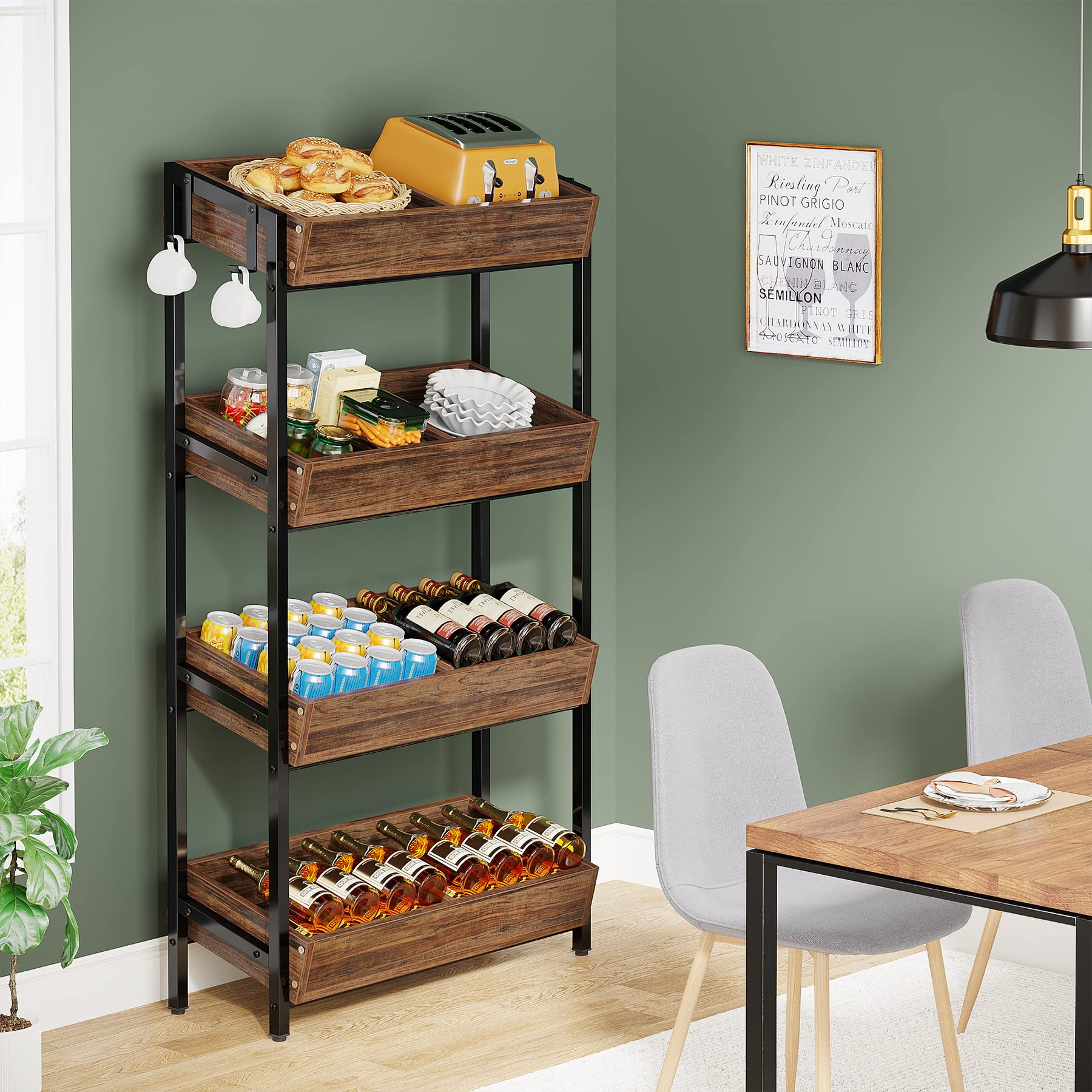 Tribesigns 4-Tier Wooden Storage Shelf - Kitchen Fruit & Vegetable Basket Stand, Pantry Organizer for Snacks, Office & Store Utility Rack - Space-Saving Brown & Black Shelving Unit | Perfect for Kitchen Organization, Pantry Storage, Retail Display & Home Decor