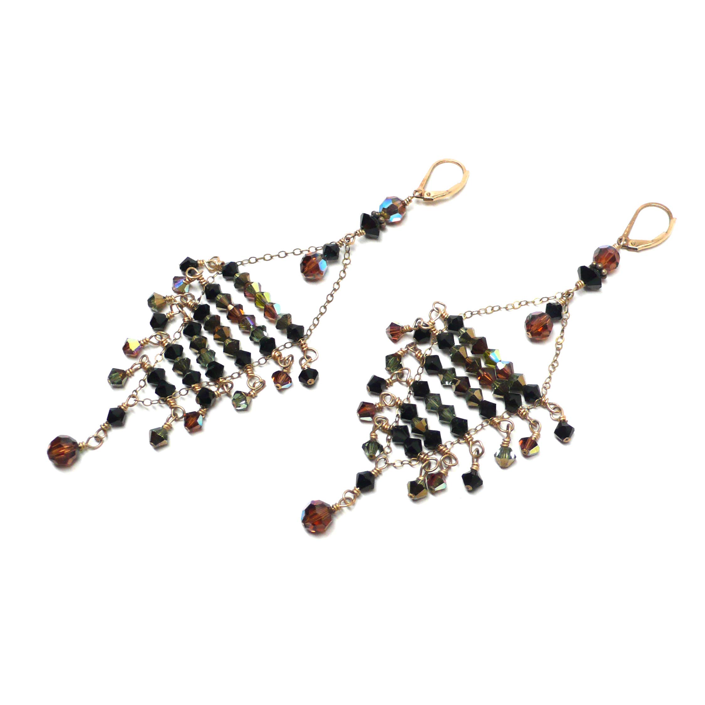 Brown Black Olivine Crystal Open Weave Triangle Statement Earrings - Gold-Filled Handmade Bohemian Jewelry for Women - Perfect for Parties, Weddings & Special Occasions
