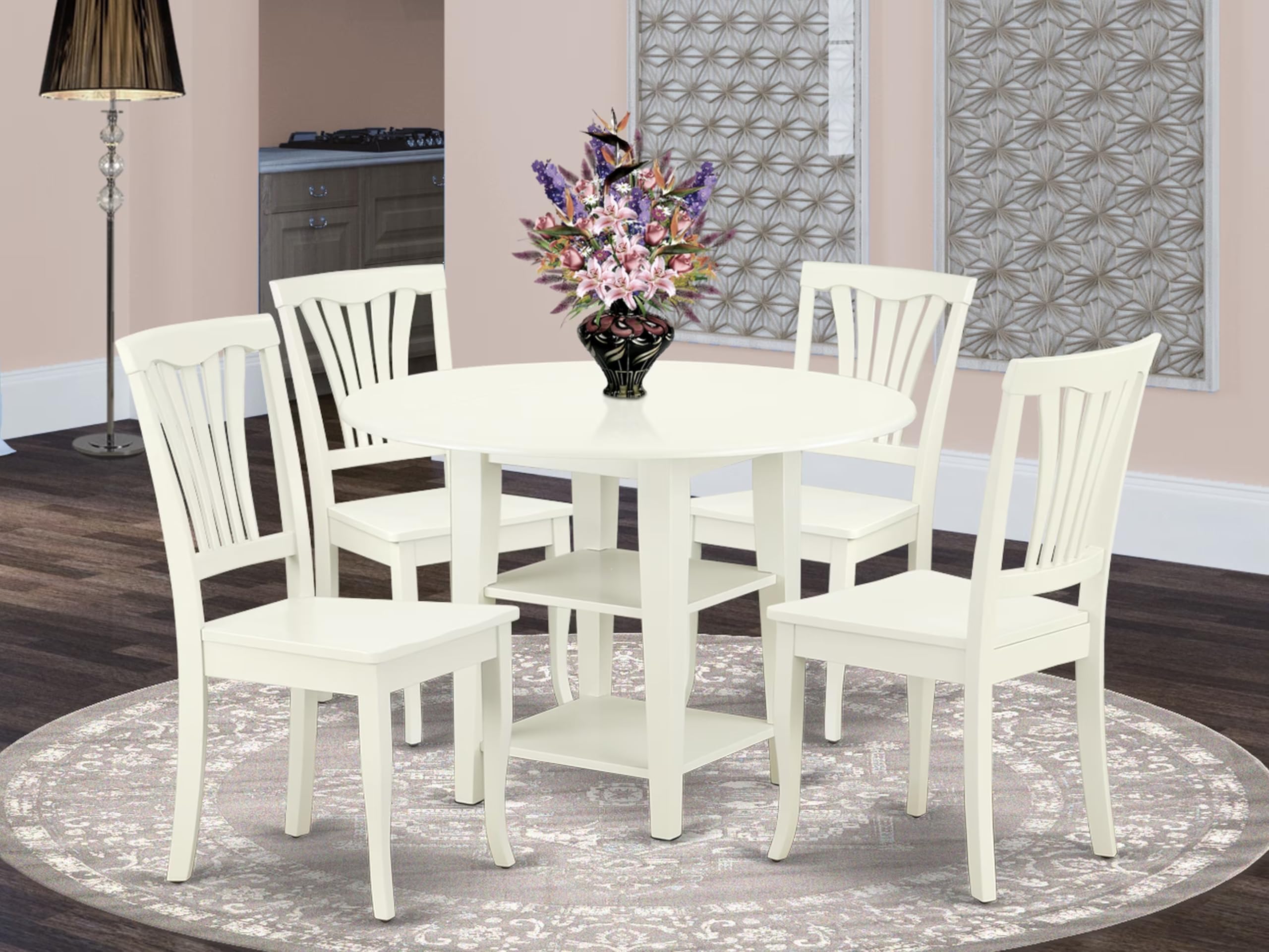 East West Furniture SUAV5-LWH-W 5-Piece Round Dining Table Set with Drop Leaf & Storage Shelves - Includes 42x42 Inch Kitchen Table & 4 Chairs, Linen White - Perfect for Small Spaces, Breakfast Nooks & Cozy Family Meals