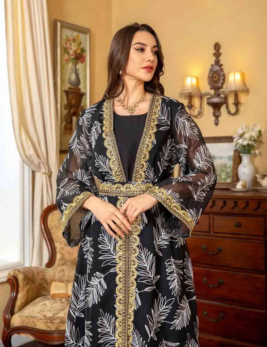 Elegant 2-Piece Eid Dress Set - Embroidered Caftan Kaftan with Sleeveless Inner Dress | Perfect for Eid Celebrations, Weddings & Special Occasions