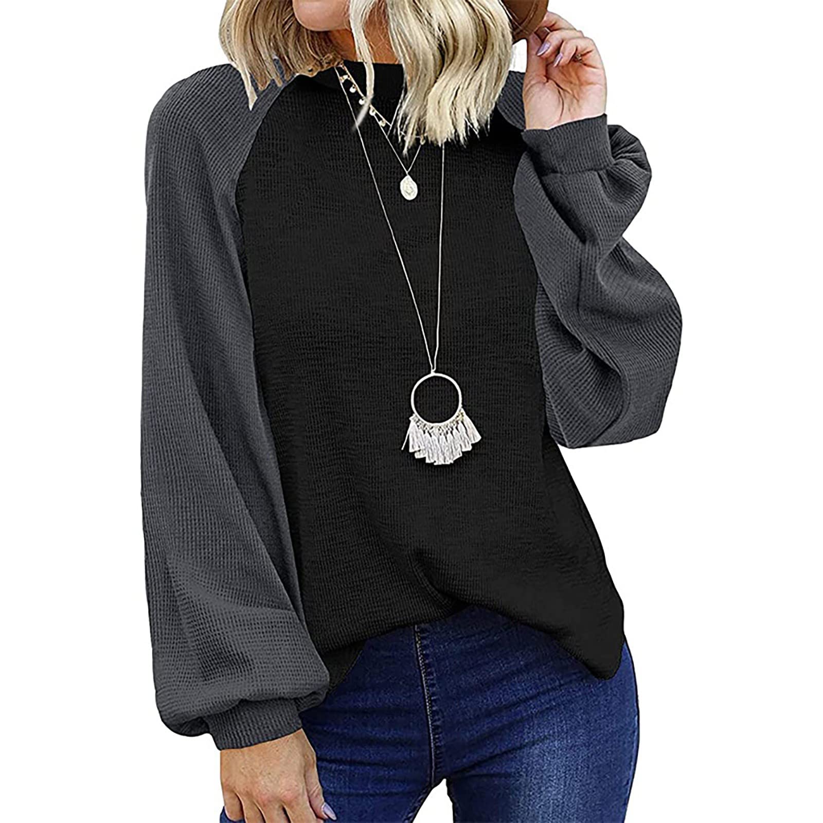ZEFOTIM Plus Size Women's Tops - Trendy Spring Solid Lace Splicing Shirts, Stylish Lantern Sleeve O-Neck Tunic Blouse for Casual Wear & Office Outfits