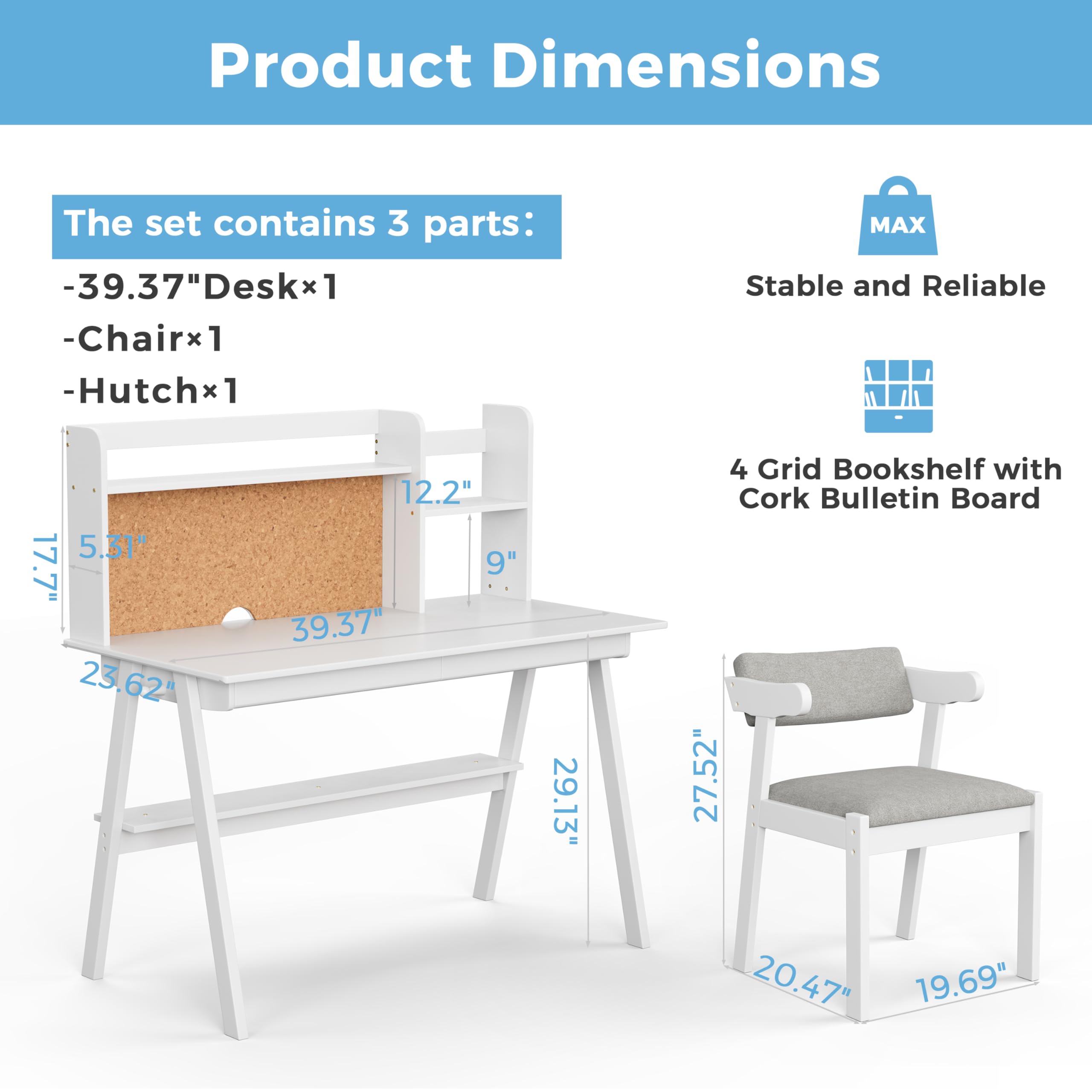 DELAVIN 39.37 Inch Kids Study Desk and Chair Set - Solid Wood Children's Computer Desk with Storage Drawers & Cork Bulletin Board - White Kids Furniture for Bedroom, Homeschool & Playroom