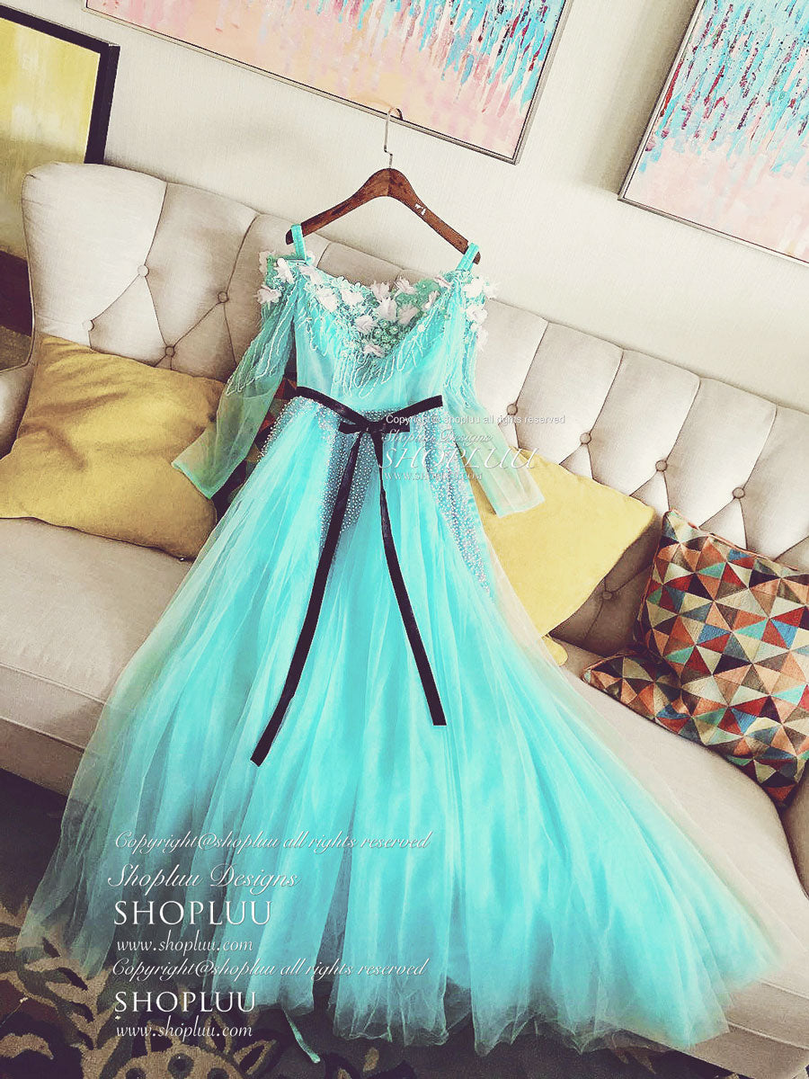 Elegant Blue Tulle Beads Long Prom Dress for Women - Formal Evening Gown with Beaded Details - Perfect for Homecoming, Prom Night, and Special Occasions