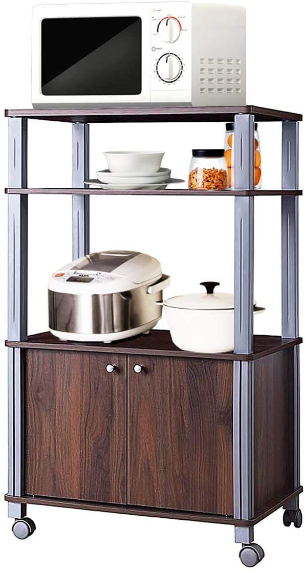 3-Tier Rolling Microwave Stand with Utility Shelves - Multifunctional Kitchen Baker’s Rack, Spice Organizer & Storage Cart for Home, Dining Room or Commercial Use (Brown) | Perfect for Small Spaces, Apartment Kitchens & Restaurant Prep Stations