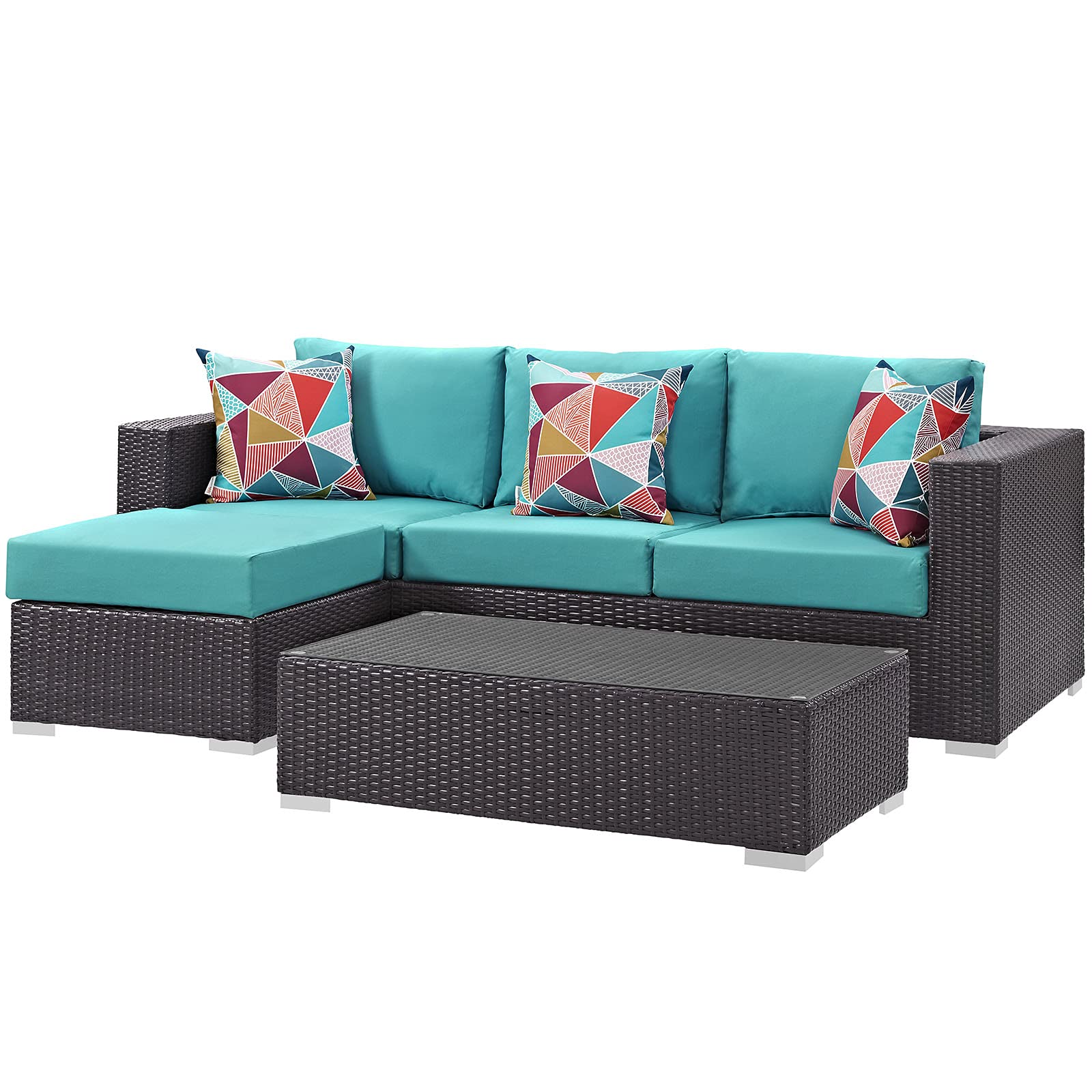Modern Brown Blue Rattan Wicker Lounge Sectional Sofa and Table Set for Outdoor Patio, Cafe, Bistro, and Garden Relaxation