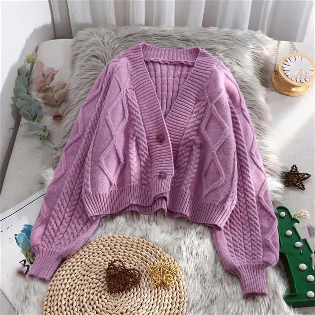 Women's Autumn Winter Knitted Cardigan with Lantern Sleeves - Long Sleeve Solid Color Sweater Coat Jacket for Casual Wear, Office Outfits & Fall Fashion