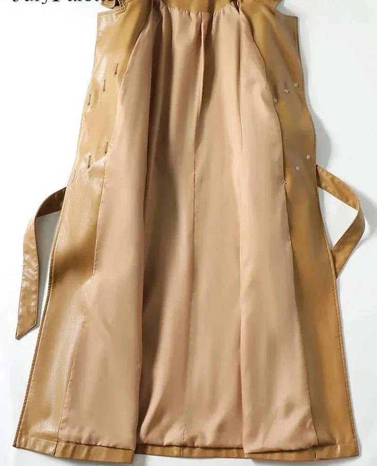 Women's Long Belted Leather Overcoat - Classic Trench Coat for Fall & Winter | Water-Resistant Outerwear for Work, Travel & Formal Occasions
