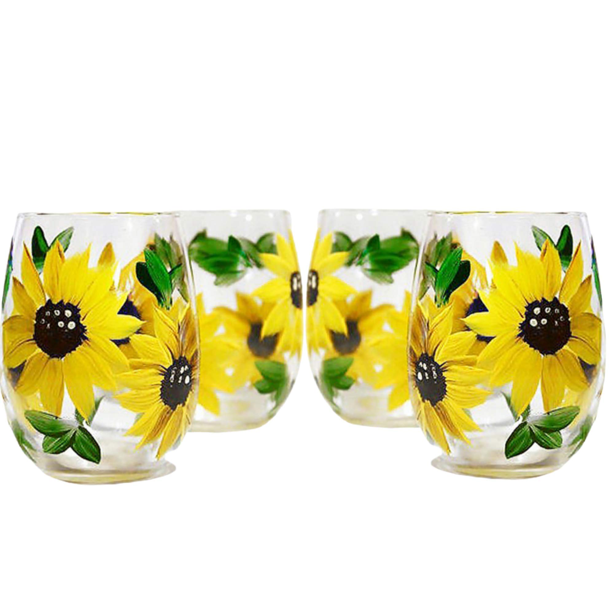 Rustic Sunflower Wine Glass Set - Hand-Painted Stemless Glasses (4-Pack) | Farmhouse & Cottagecore Kitchen Décor for Parties, Weddings, and Home Entertaining