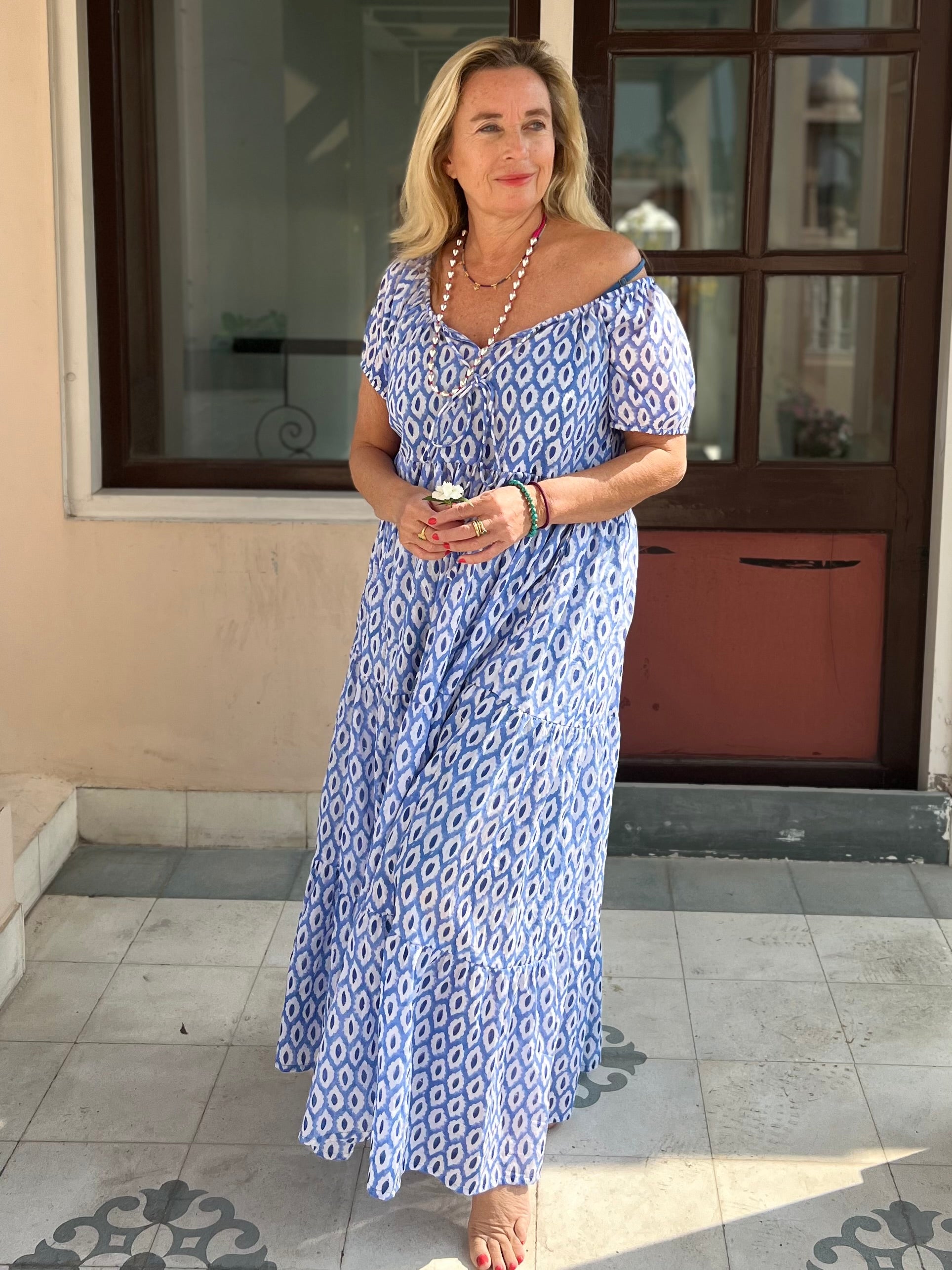 Handmade Boho Maxi Dress for Girls – Blue Hand Block Printed Floral Ishi Daughter Dress – Perfect for Summer Vacations, Beach Trips & Special Occasions