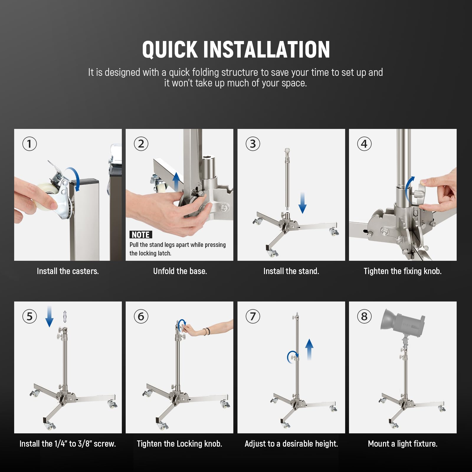 NEEWER Heavy Duty Light Stand with Wheels, 3.2ft/98cm Adjustable Stainless Steel Tripod for Photography - Supports Speedlight, Softbox & Monolight (22lb Capacity) - Perfect for Studio, Portrait & Video Lighting Setup
