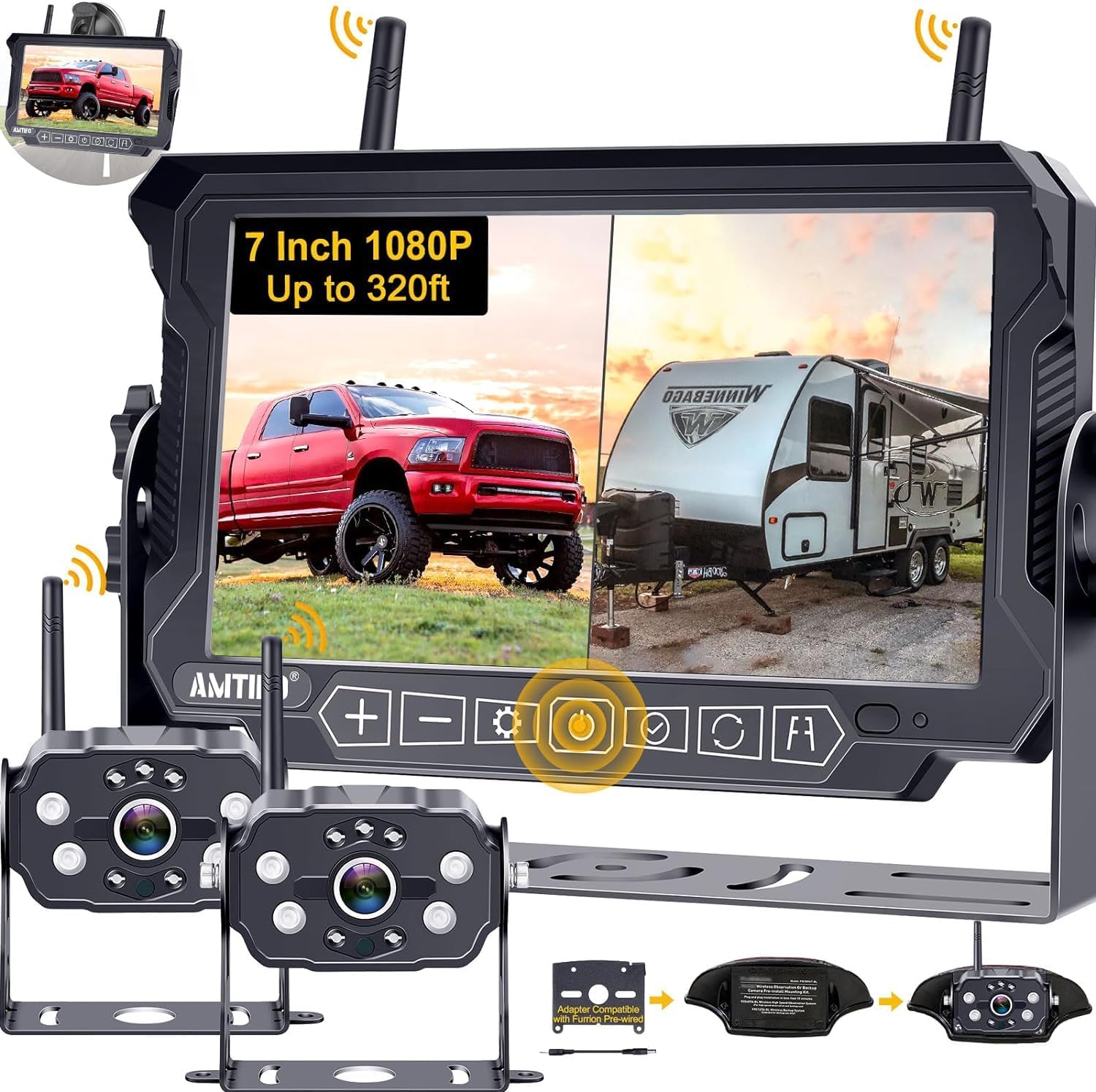 Dual Wireless Backup Camera for RVs & Trailers - 7 Inch 4 Split Screen HD Wide View Recording Rear View Camera | Plug & Play Pre-Wired for Furrion System | Stable Signal | Perfect for Motorhomes, Campers & Travel Trailers