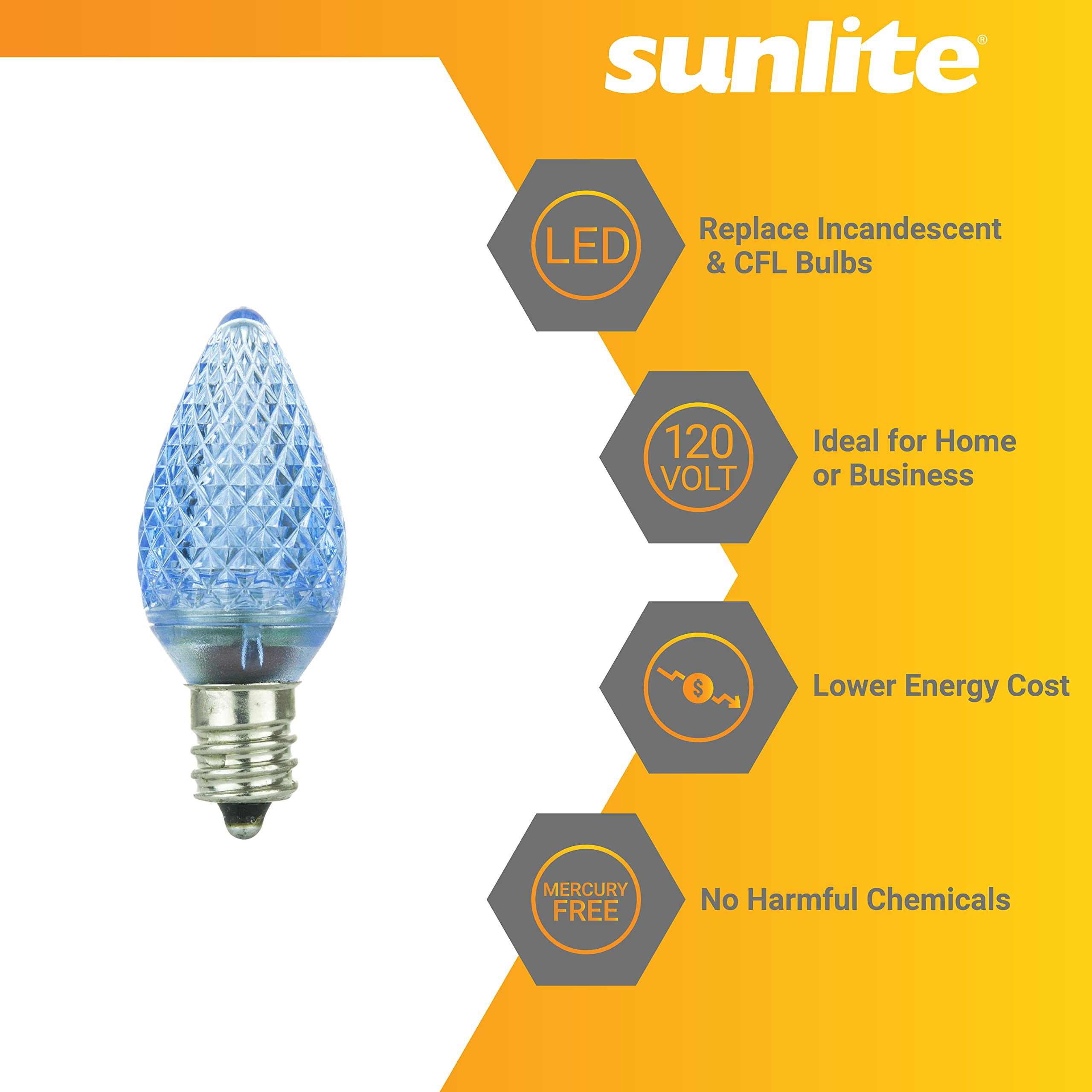 Sunlite 80700 LED C7 Holiday Decorative Light Bulb - 0.4W E12 Candelabra Base, Faceted Christmas Lights, Blue (6-Pack) - Perfect for Christmas Tree Decorations, Holiday Lighting, and Nightlight Use