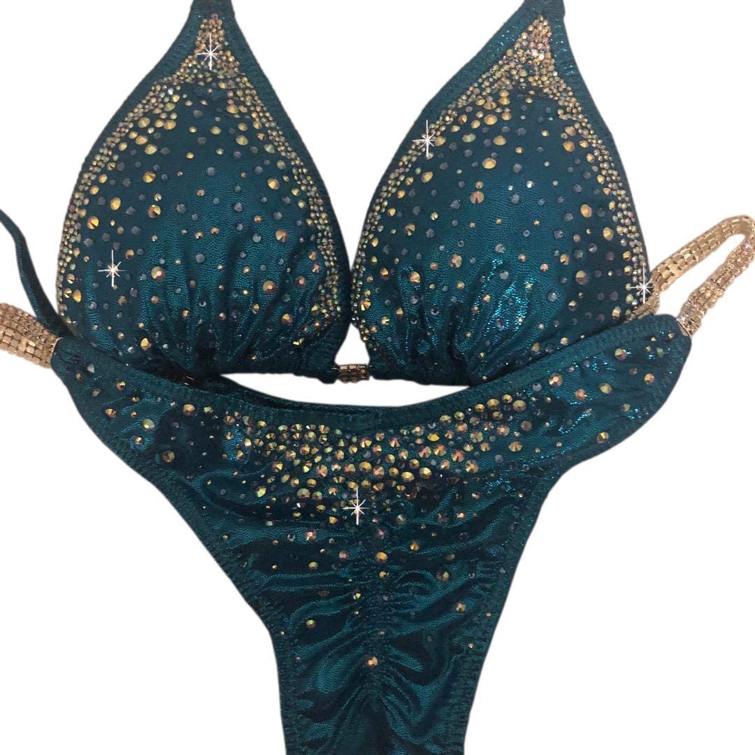 **Turquoise Blue Crystal Bikini Set - Rhinestone Clustered NPC Competition Bikini (Medium HIPS 34.5