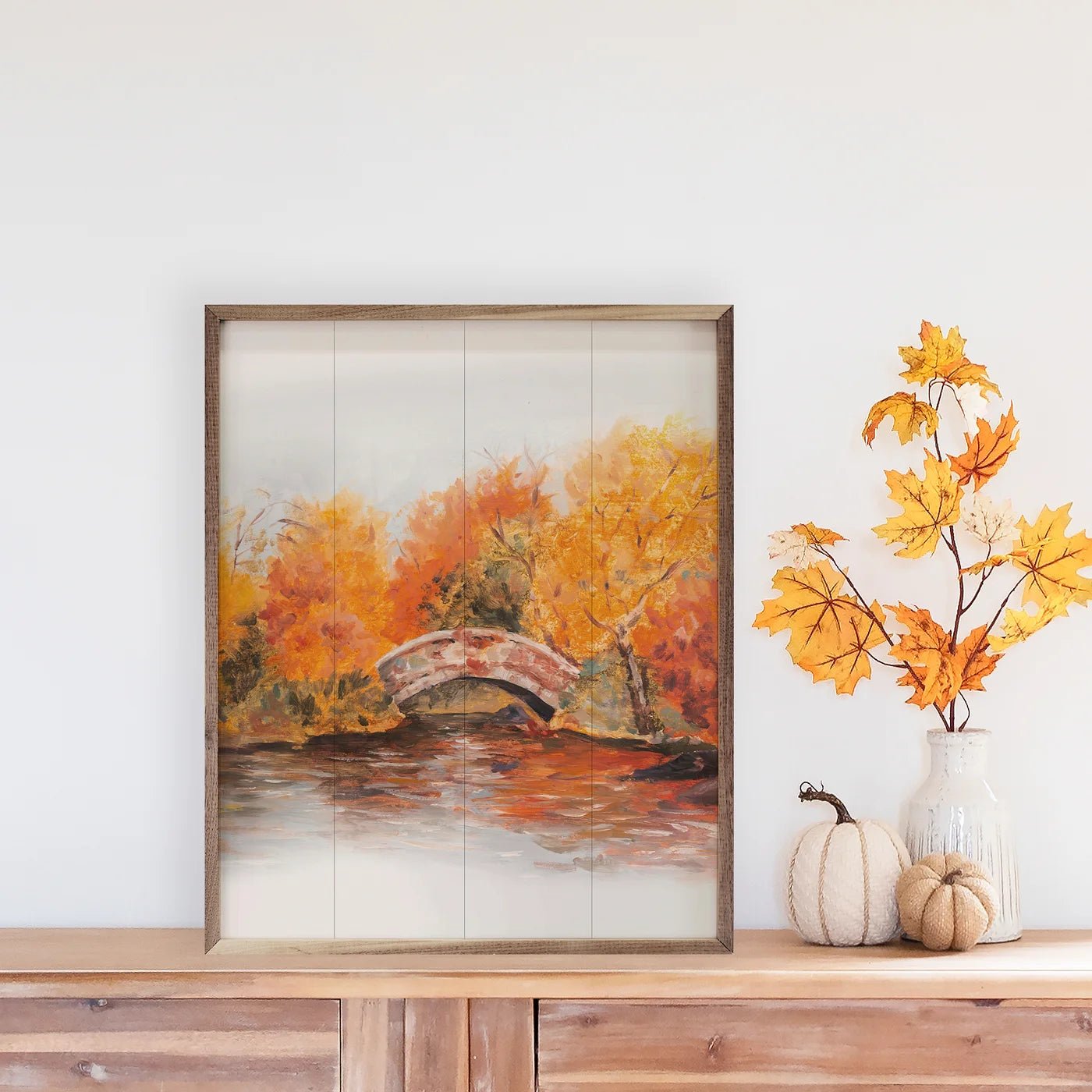Autumn Bridge Wood Framed Print - Rustic Landscape Wall Art for Living Room, Bedroom & Office Decor