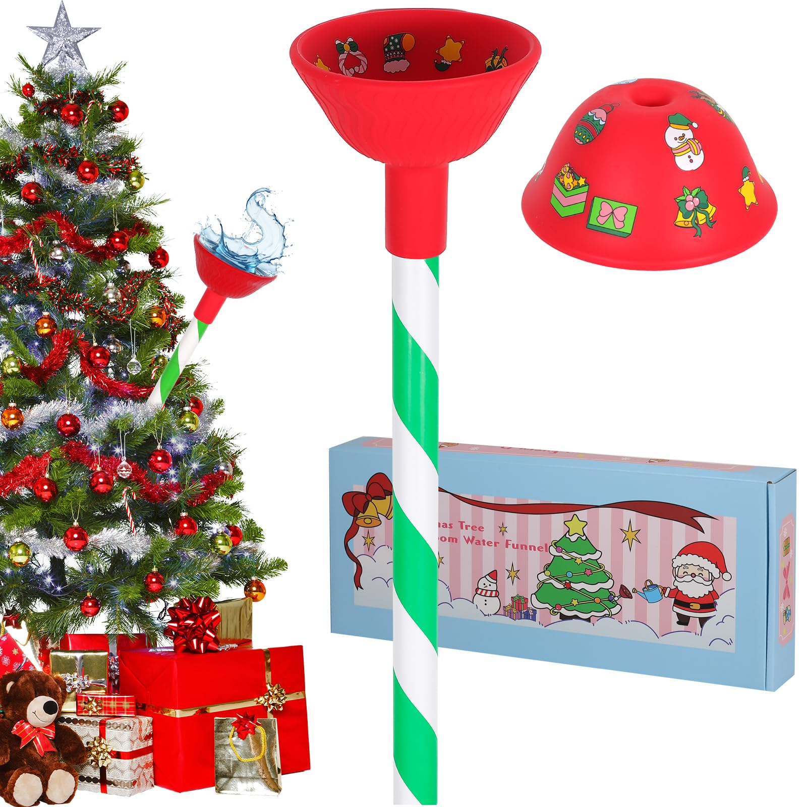 Christmas Tree Watering Funnel System with Long Spout - Easy Xmas Tree Watering Tool for Holiday Decorations (Red) - Perfect for Artificial & Real Christmas Tree Maintenance