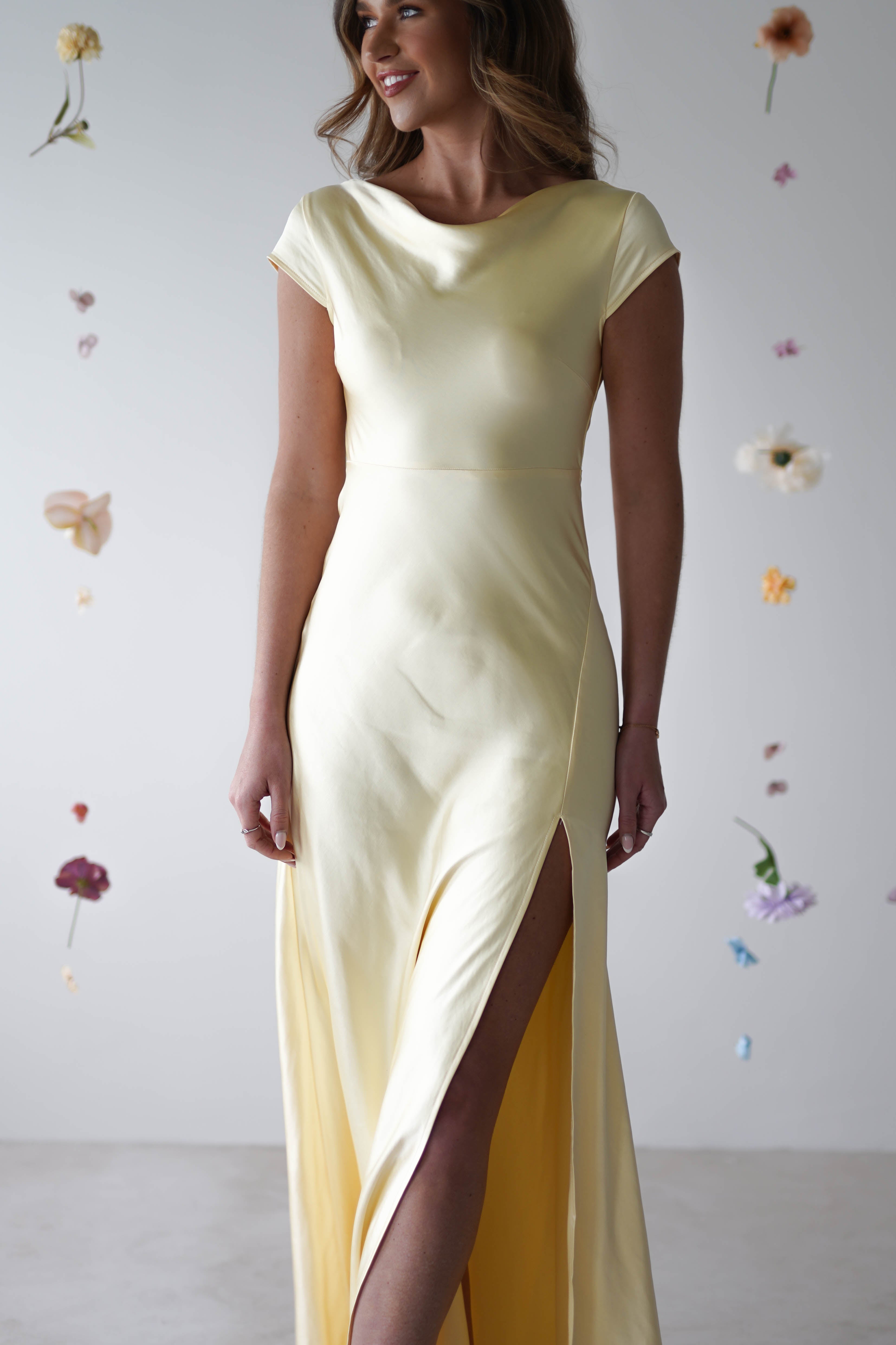 Ramona Soft Satin Maxi Dress for Women - Flowy Long Summer Dress in Yellow | Elegant Beachwear, Evening Party & Vacation Outfit