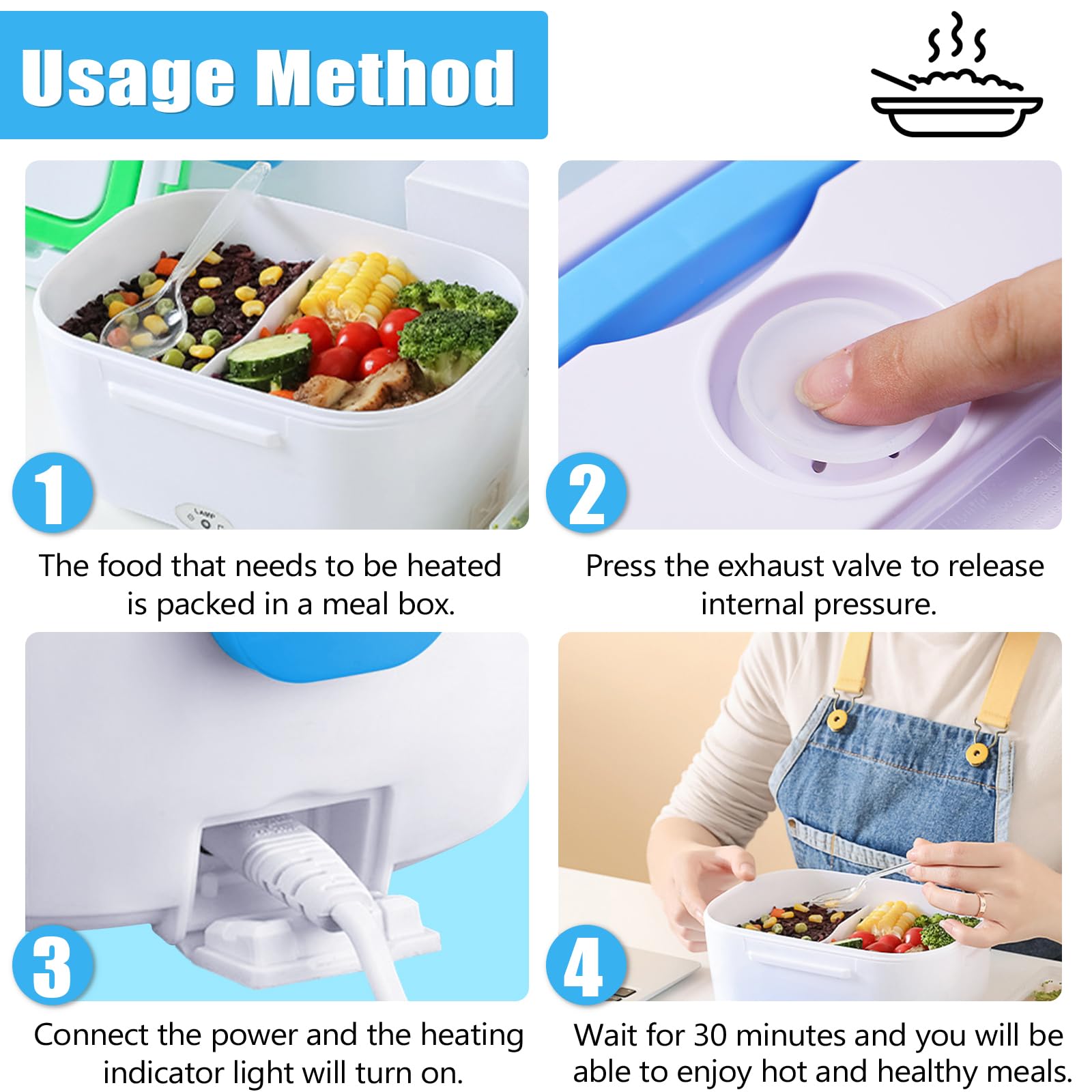 INVODA Electric Lunch Box 110V Portable Food Warmer - Insulated Bento Box for Office, Travel & Home - Reusable Hot Meal Container (Blue) - Perfect for Commuting, Camping & Workplace Meals