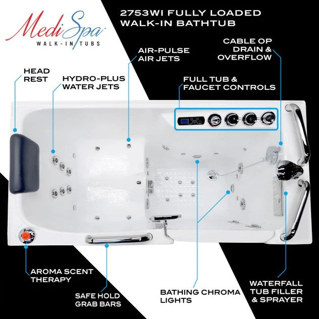 Anzzi 2753WILWD 27x53 Inch Left Drain Walk-In Bathtub with Whirlpool & Air Jets - White - Ideal for Elderly & Mobility Assistance, Spa-Like Relaxation at Home