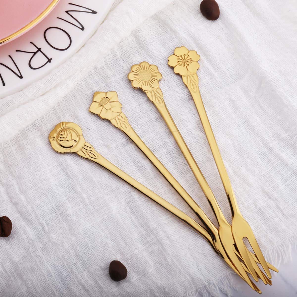 8-Piece 4.9 Inch Gold Stainless Steel Floral Fruit Forks - Small Pickle Forks, Dessert Cake Forks, Salad Bistro & Cocktail Forks - 2-Prong Appetizer Forks for Banquet, Party, Seafood & Cocktail (Perfect for Wedding Receptions, Tea Parties & Charcuterie Boards)