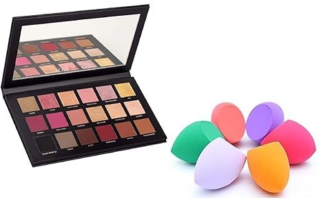KAARM Rose Gold 18-Color Eyeshadow Palette with 6 Beauty Blenders - Long Lasting Pigmented Makeup Set for Party, Wedding & Daily Makeup Looks