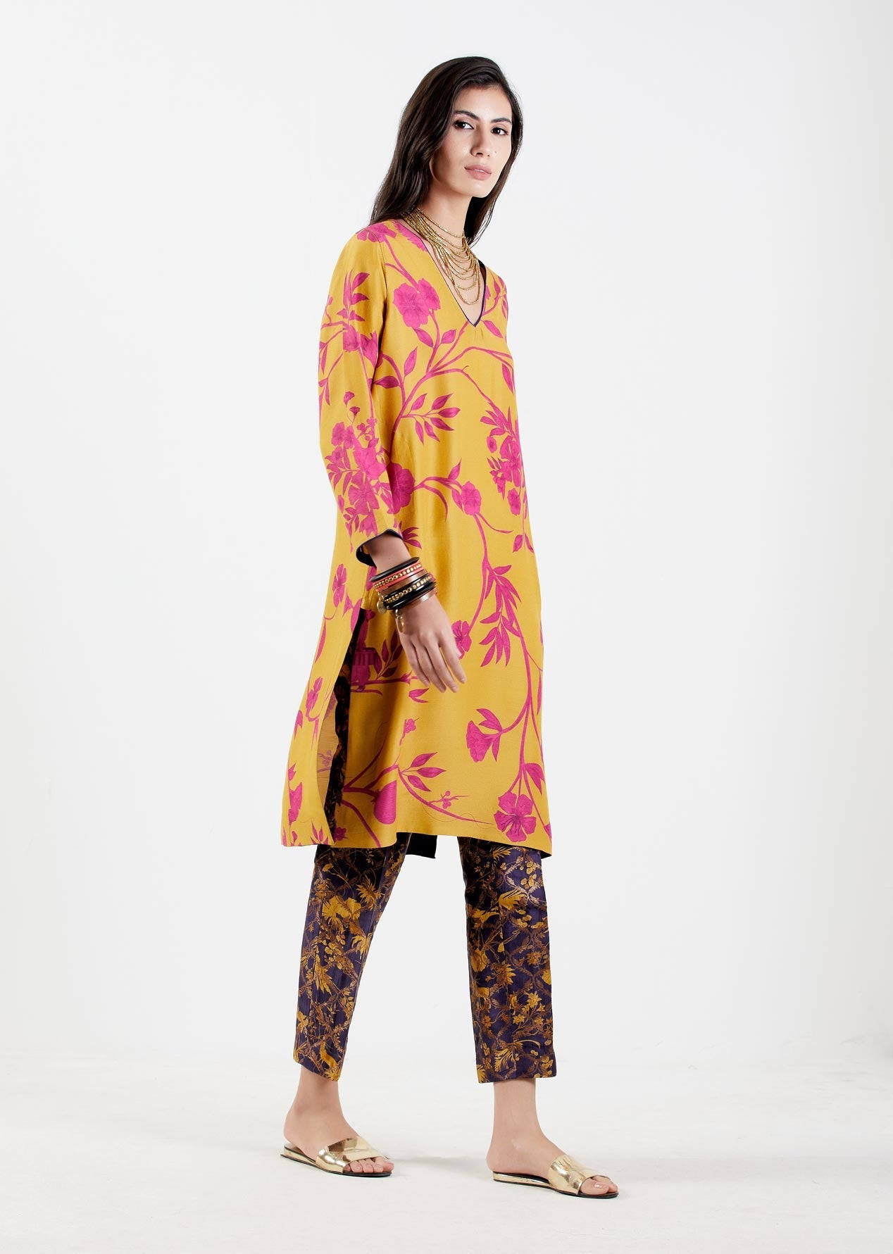 Elegant V Neck Kurta for Women - Premium Muga Satin Fabric - Comfortable & Stylish Indian Ethnic Wear - Perfect for Festivals, Weddings & Special Occasions