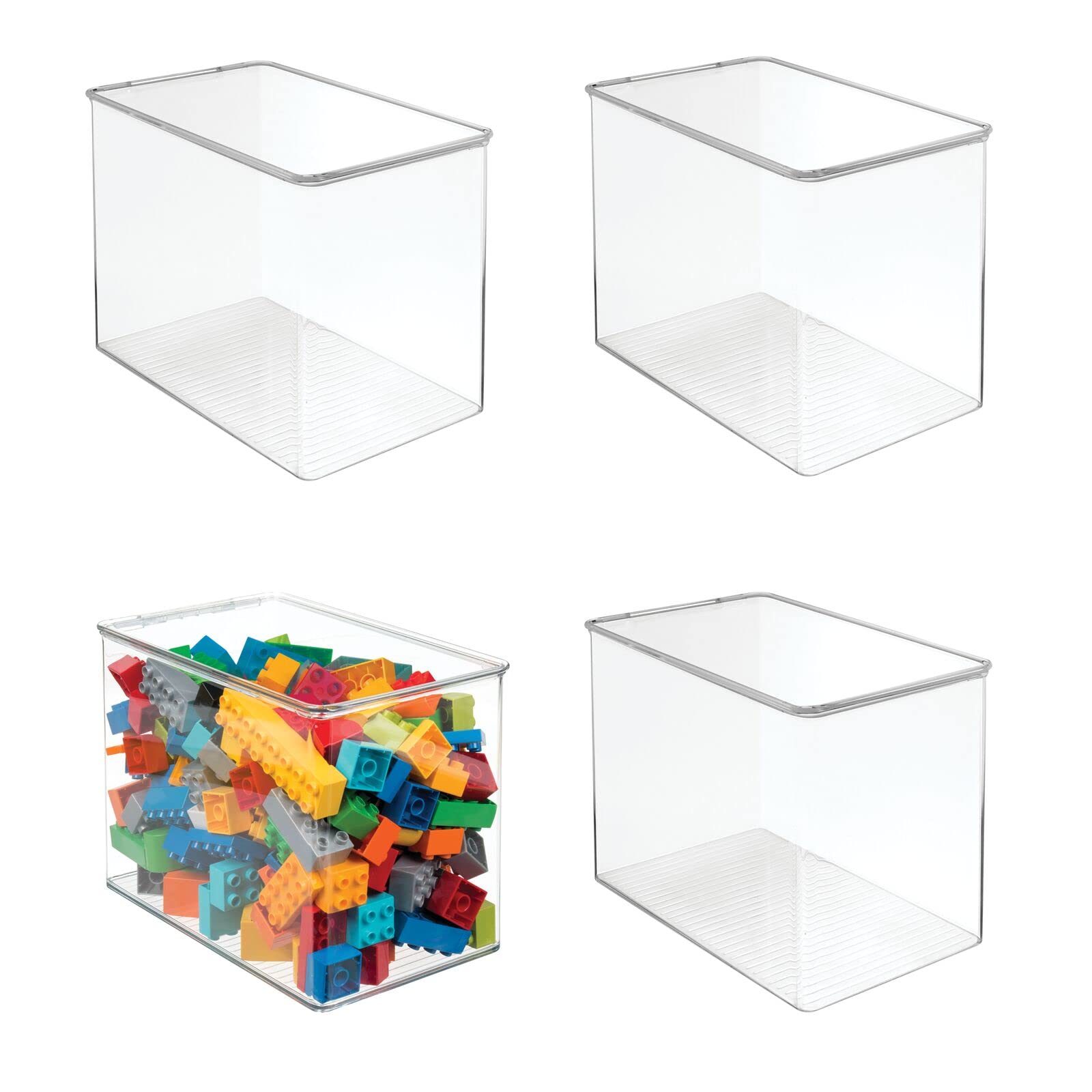 mDesign Clear Plastic Stackable Toy Storage Organizer Bin with Hinged Lid - 4 Pack for Kids Playroom & Living Room - Perfect for Organizing Toys, Puzzles, Markers, Blocks & Board Games - Ideal for Home Organization & Montessori Classroom Storage