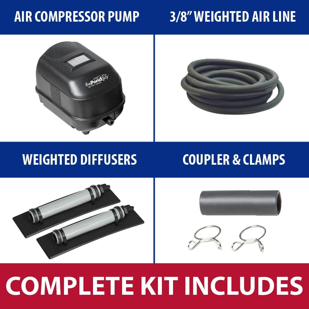 The Pond Guy Complete Pond Aeration Kit - 2 Diffuser Sticks, Diaphragm Compressor Pump & Air Line for Koi Fish Ponds | Outdoor Water Garden Oxygenation System | Improves Fish Health & Algae Control