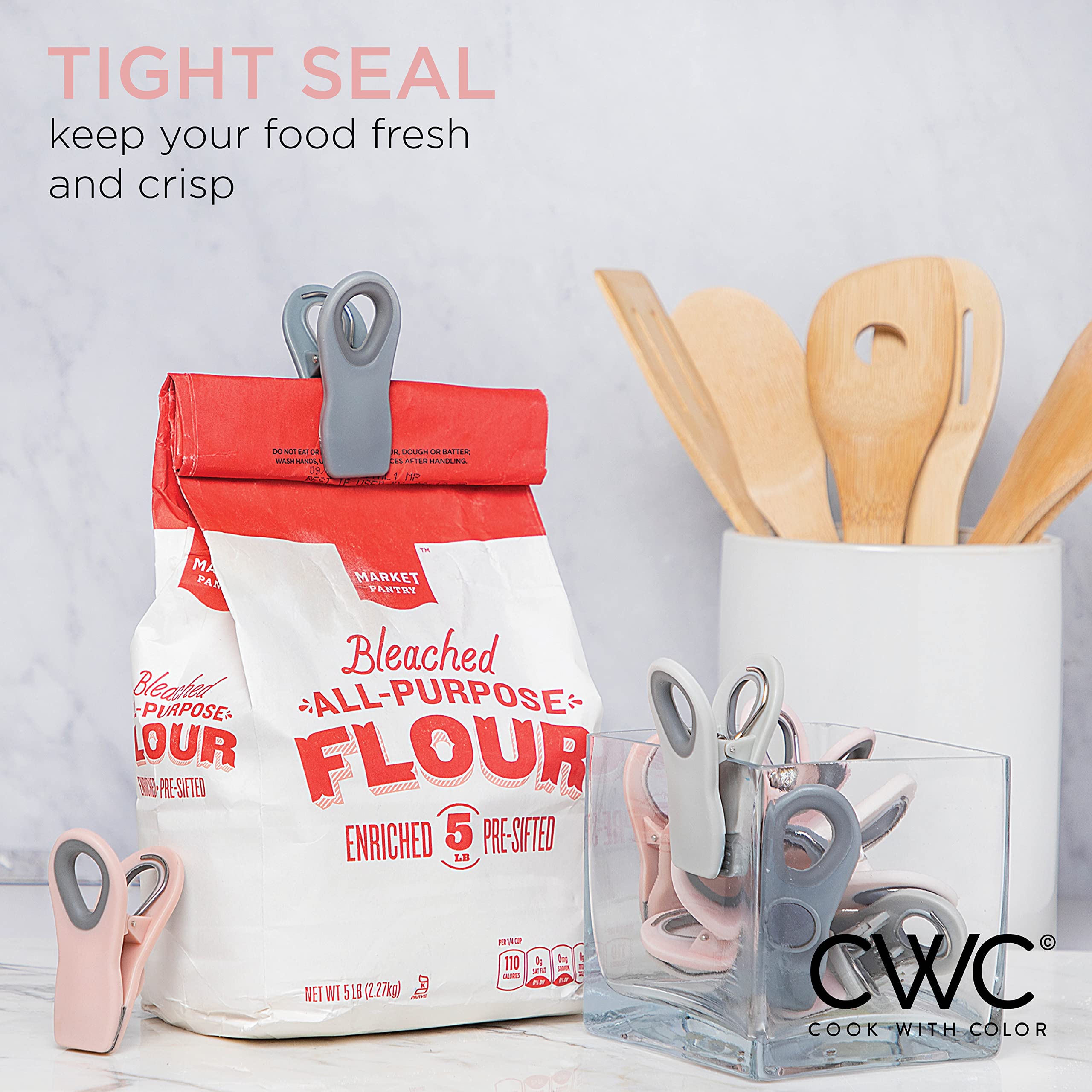 COOK WITH COLOR Magnetic Bag Clips - 10-Pack Food Clips for Snack, Bread & Chips Storage | Pink & Grey Kitchen Organizers | Perfect for Pantry, Picnics & Travel