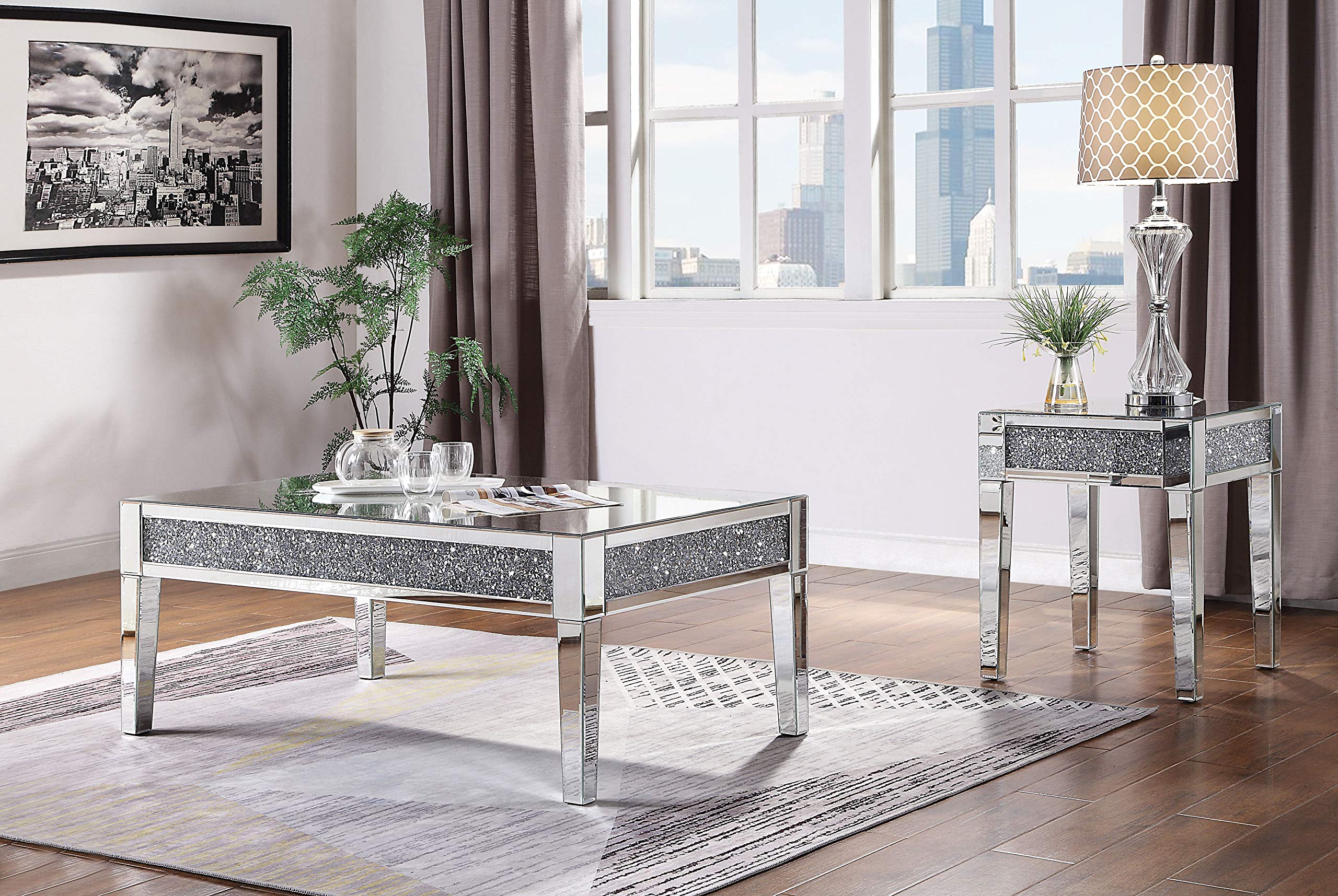 Silver Benjara Clear Wood & Mirror Coffee Table with Crystals - Living Room Decor