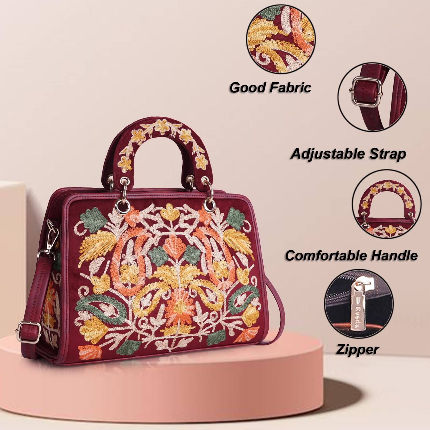 EVEDA Women's Embroidered Crossbody Shoulder Bag - Stylish Synthetic Leather Handbag with Elegant Design | Perfect for Work, Travel & Evening Events