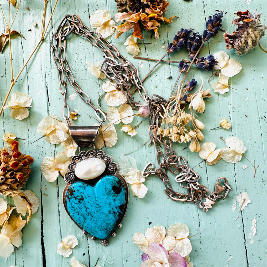 Sterling Silver Native American Turquoise Heart & Blister Pearl Necklace - Handmade Southwest Jewelry for Women, Perfect for Boho Fashion, Weddings & Special Occasions
