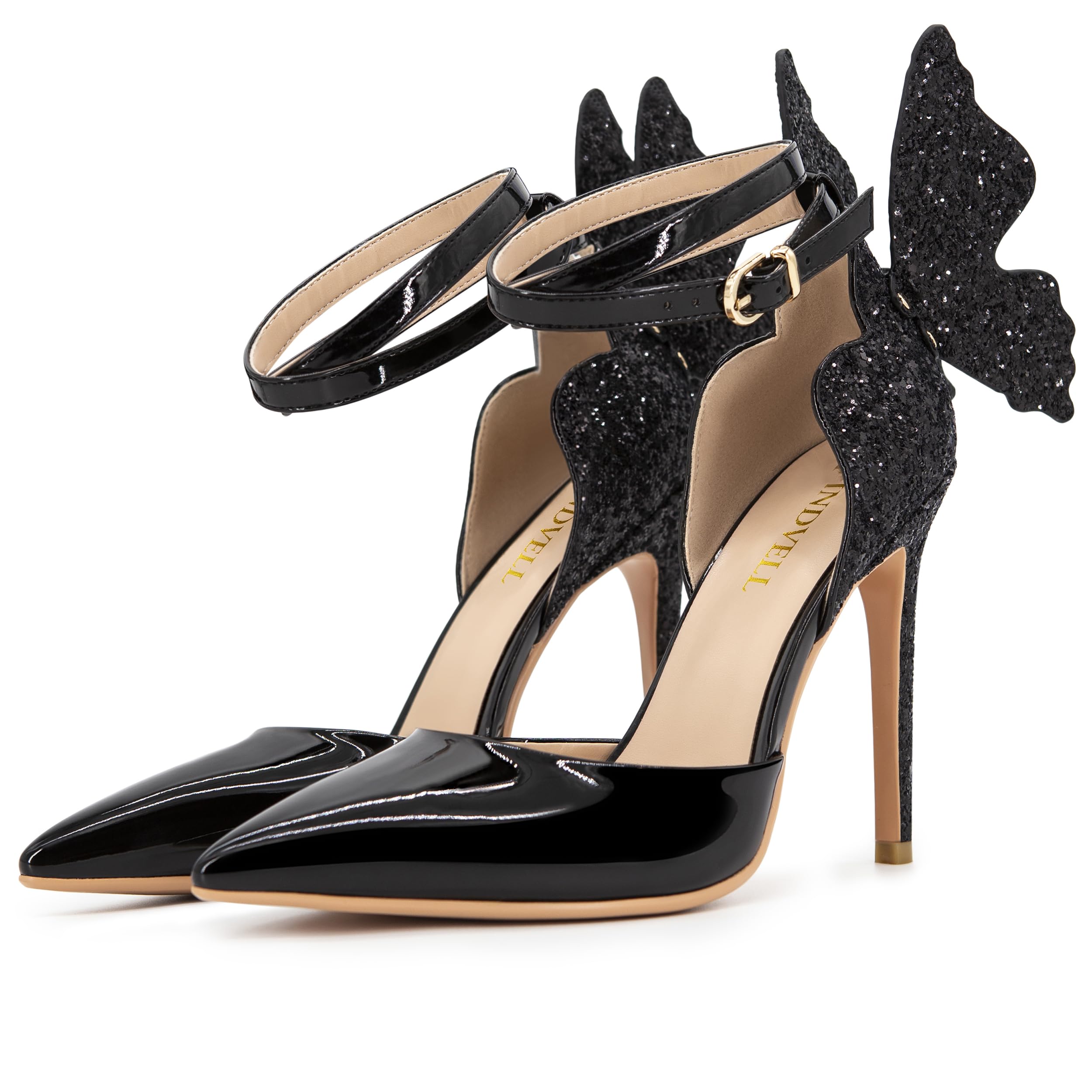 Elegant Gold High Heel Pumps with Butterfly Back & Sparkly Ankle Strap - Sexy Stiletto Closed Toe Dress Shoes for Women | Perfect for Parties, Weddings & Evening Events