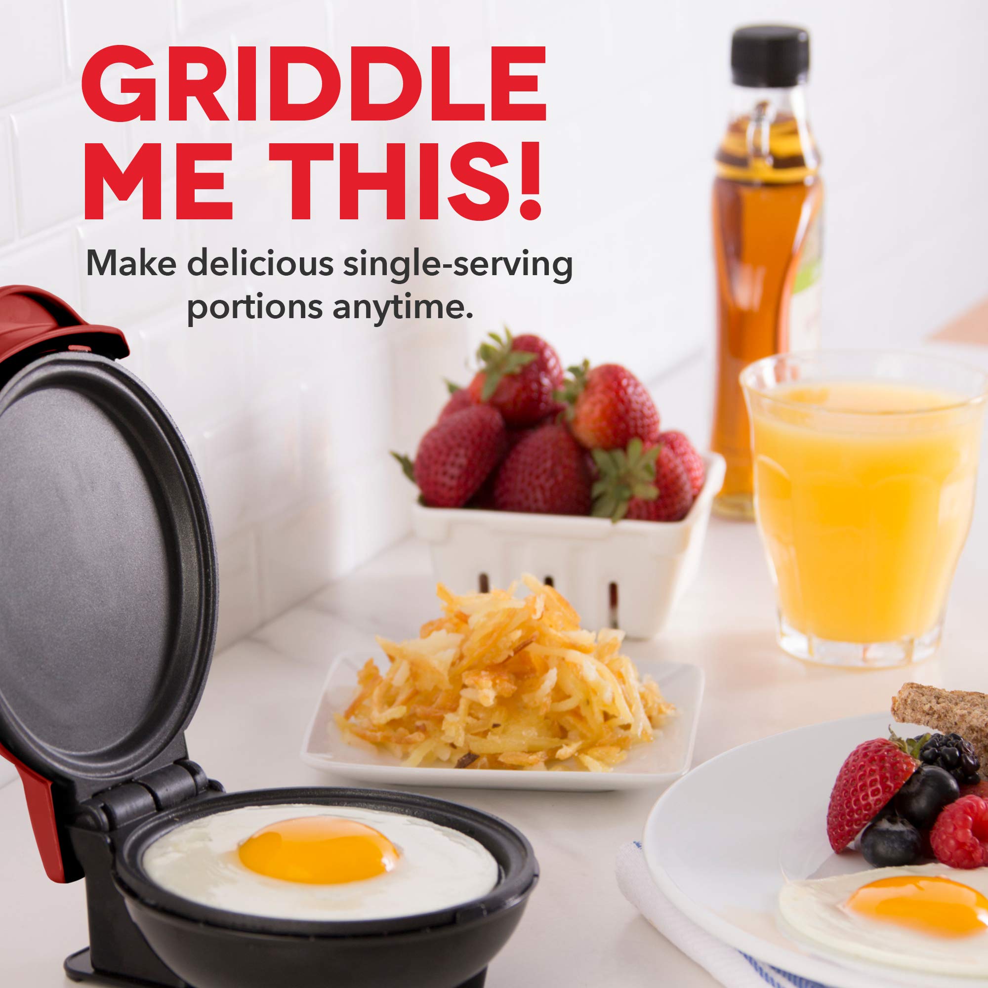 Dash DMS001RD Mini Maker Electric Round Griddle & Portable Grill with Recipe Book - Red | Perfect for Breakfast, Panini Press & Quick Meals at Home, Office or Travel