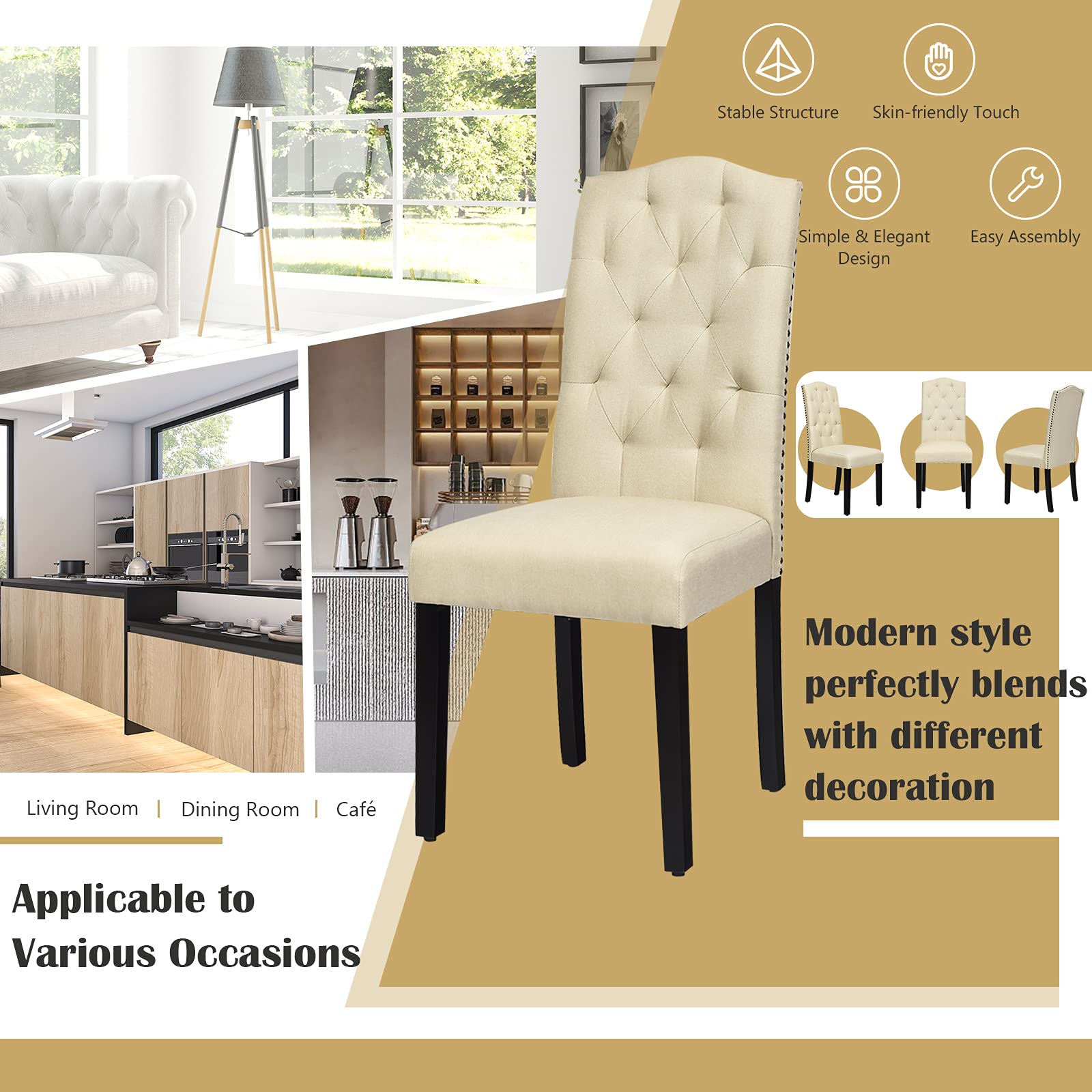 4-Piece Fabric Dining Chair Set - Upholstered Accent Chairs with Solid Wood Legs & Tall Back, Tufted Parsons Style for Kitchen, Dining Room, Office - Comfortable Beige Seating for Home & Restaurant Use