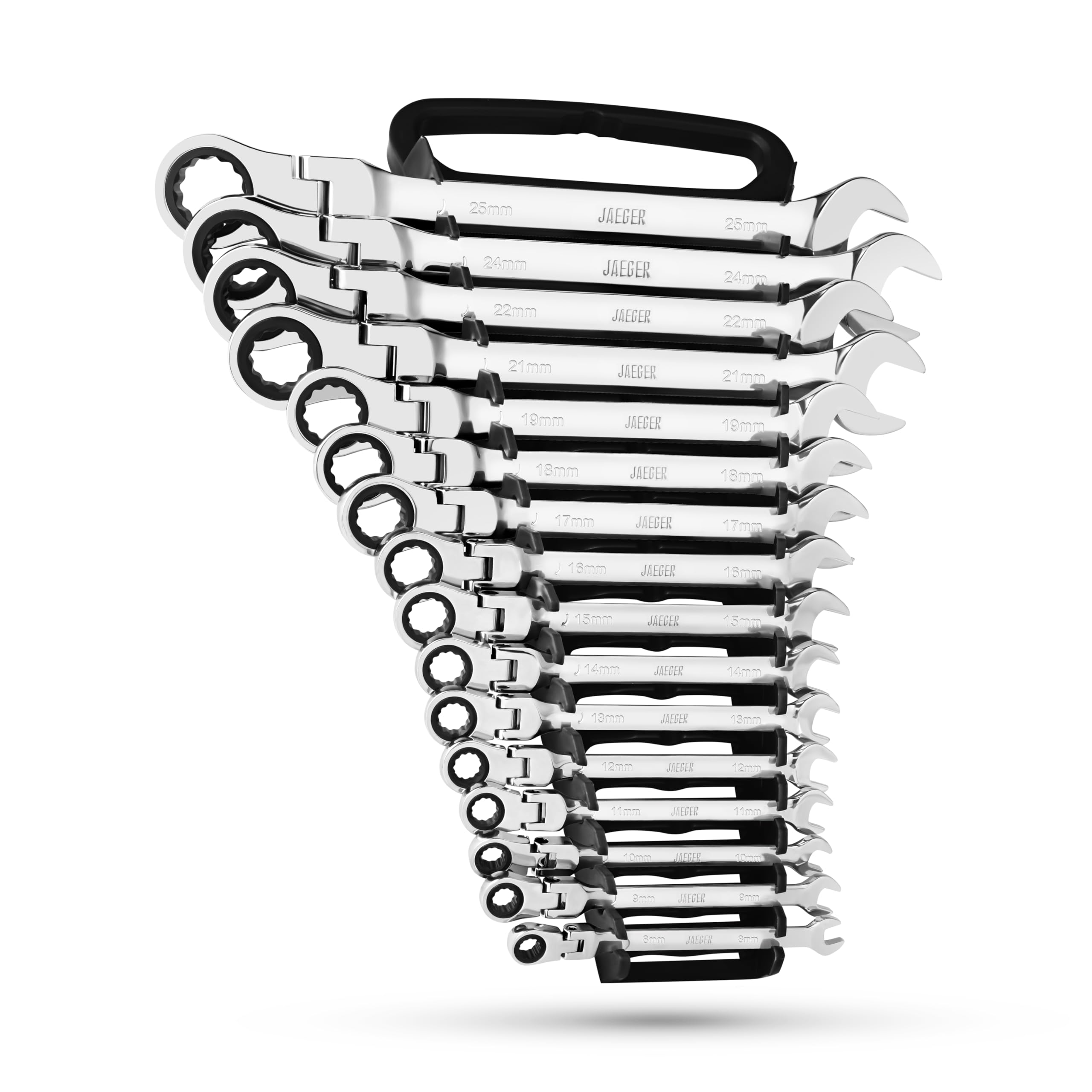 Jaeger 16-Piece MM/Metric Flex Head Ratcheting Combination Wrench Set with Locking Rack - Professional Metric Flex Head Master Set with Flexible Ratchet Speed Wrenches & Storage Case | Ideal for Automotive Repair, Machinery Maintenance & DIY Projects