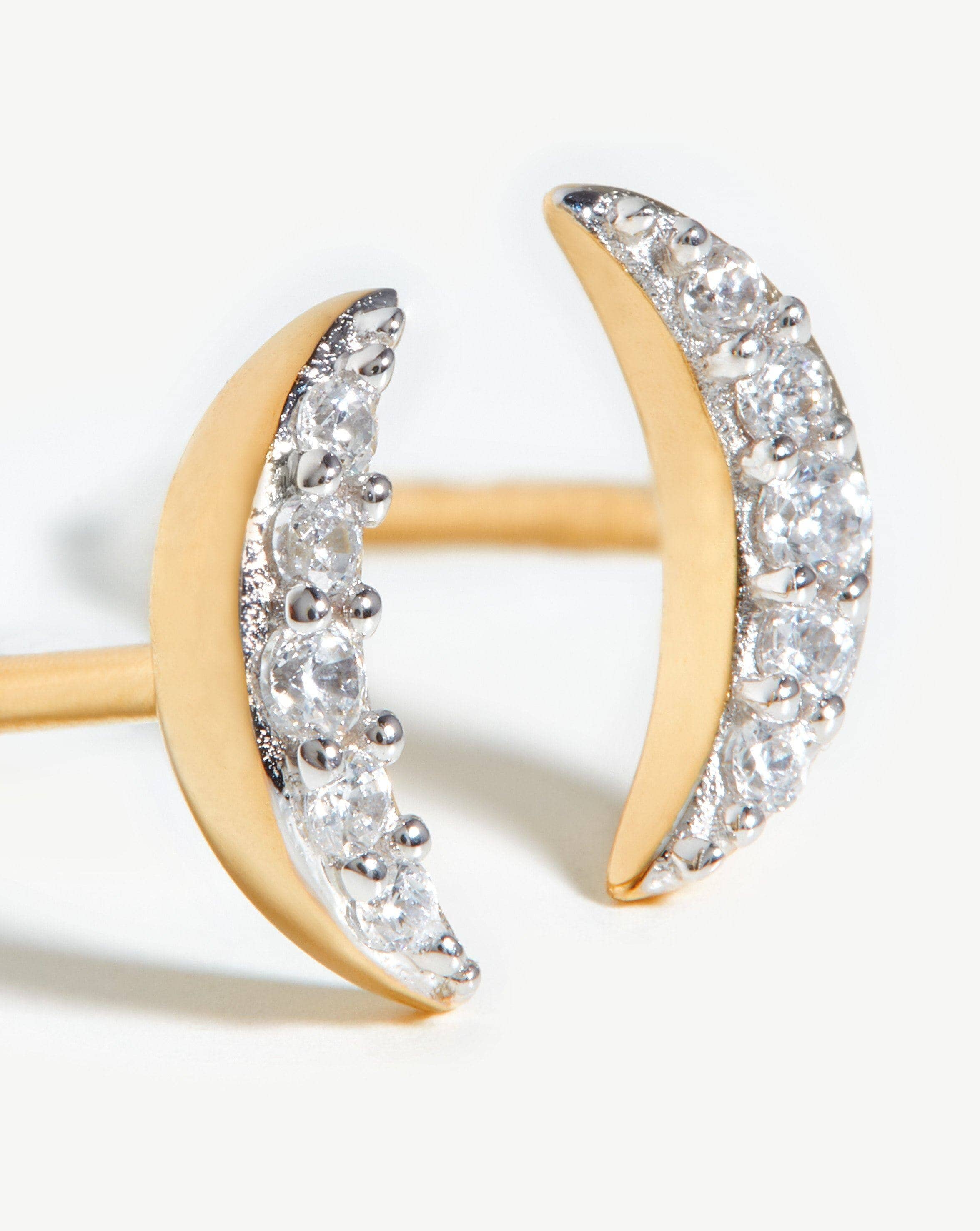 Celestial Pave Moon Stud Earrings - 18k Gold Vermeil & Cubic Zirconia | Dainty Celestial Jewelry for Women | Perfect for Everyday Wear, Date Nights & Gift Giving