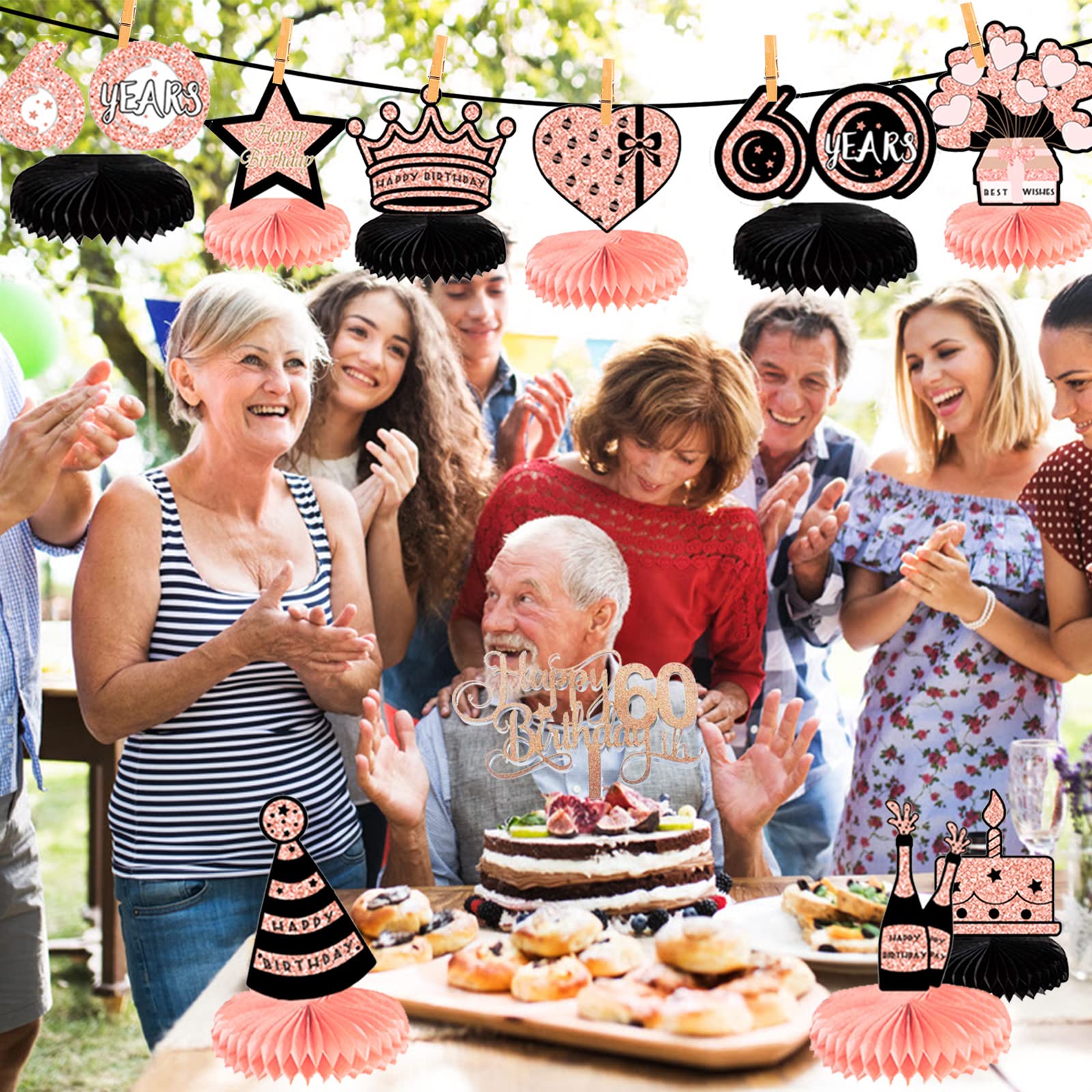 60th Birthday Decorations Rose Gold - 10PCs Honeycomb Centerpieces for Party Tables & Cake Toppers - Perfect for Women's 60 Year Celebration