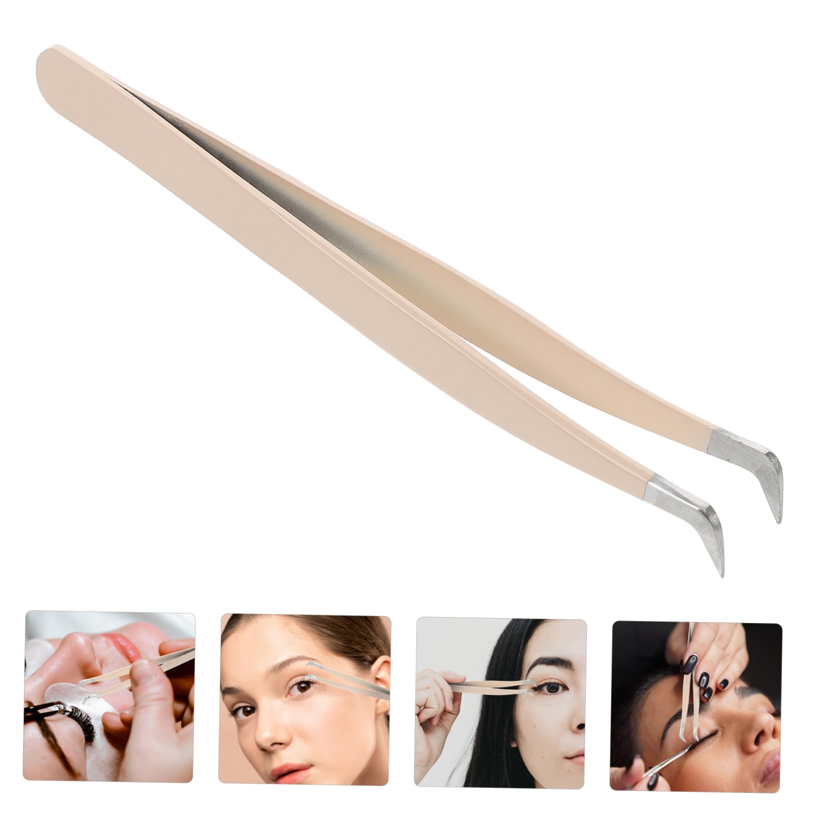 Bent Tip Eyelash Tweezers for False Eyelash Application & Removal - Professional Makeup Tool for Lash Extensions & DIY - Precision Curved Design for Easy Use at Home or Salon (Beige)