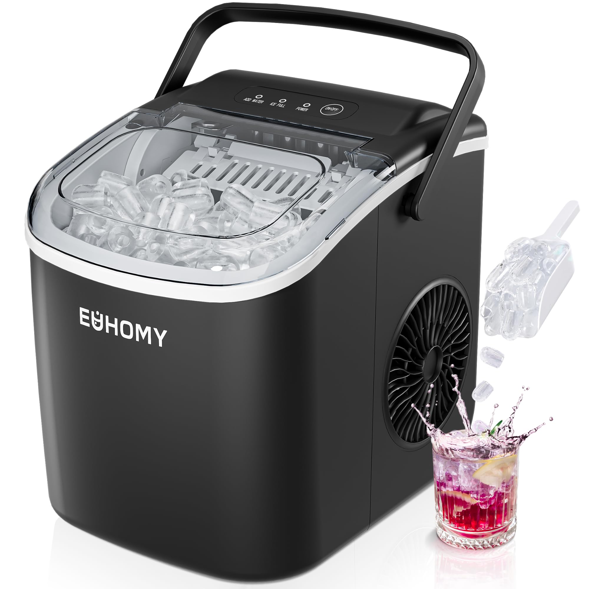 EUHOMY Portable Countertop Ice Maker Machine - 26lbs/24Hrs, 9 Cubes in 6 Mins - Auto-Cleaning with Ice Basket & Scoop - Compact Ice Maker for Home, Kitchen, RV, Camping & Outdoor Use (Black)