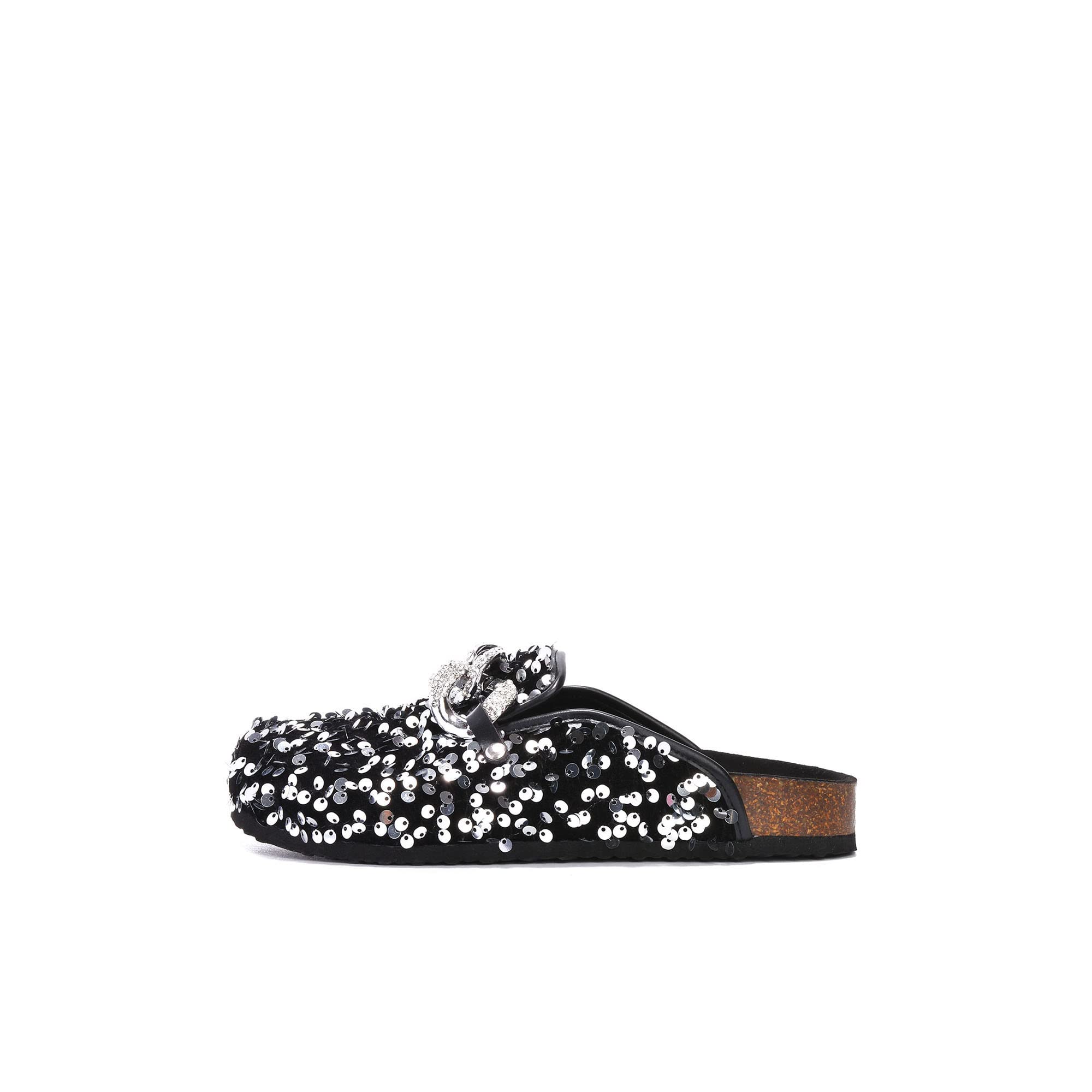 Cape Robbin Women's Elsa Sequined Flat Sandals - Slip On Mules with Chain Detail | Comfortable Casual Slides for Beach, Party & Everyday Wear