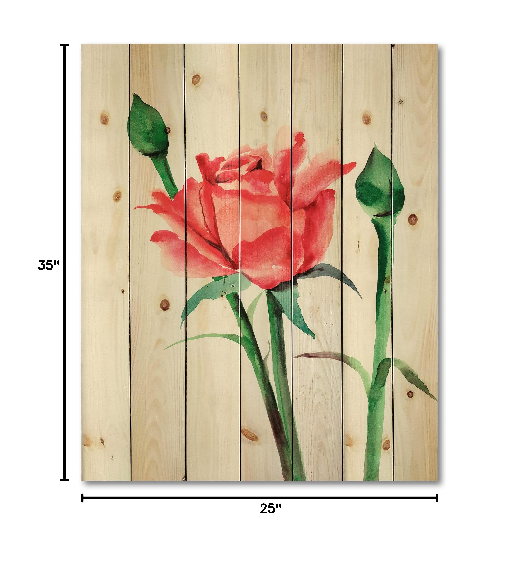 DesignQ Red Rose With Buds - Traditional Floral Print on Natural Pine Wood for Home Decor, Wall Art, and Gift Giving