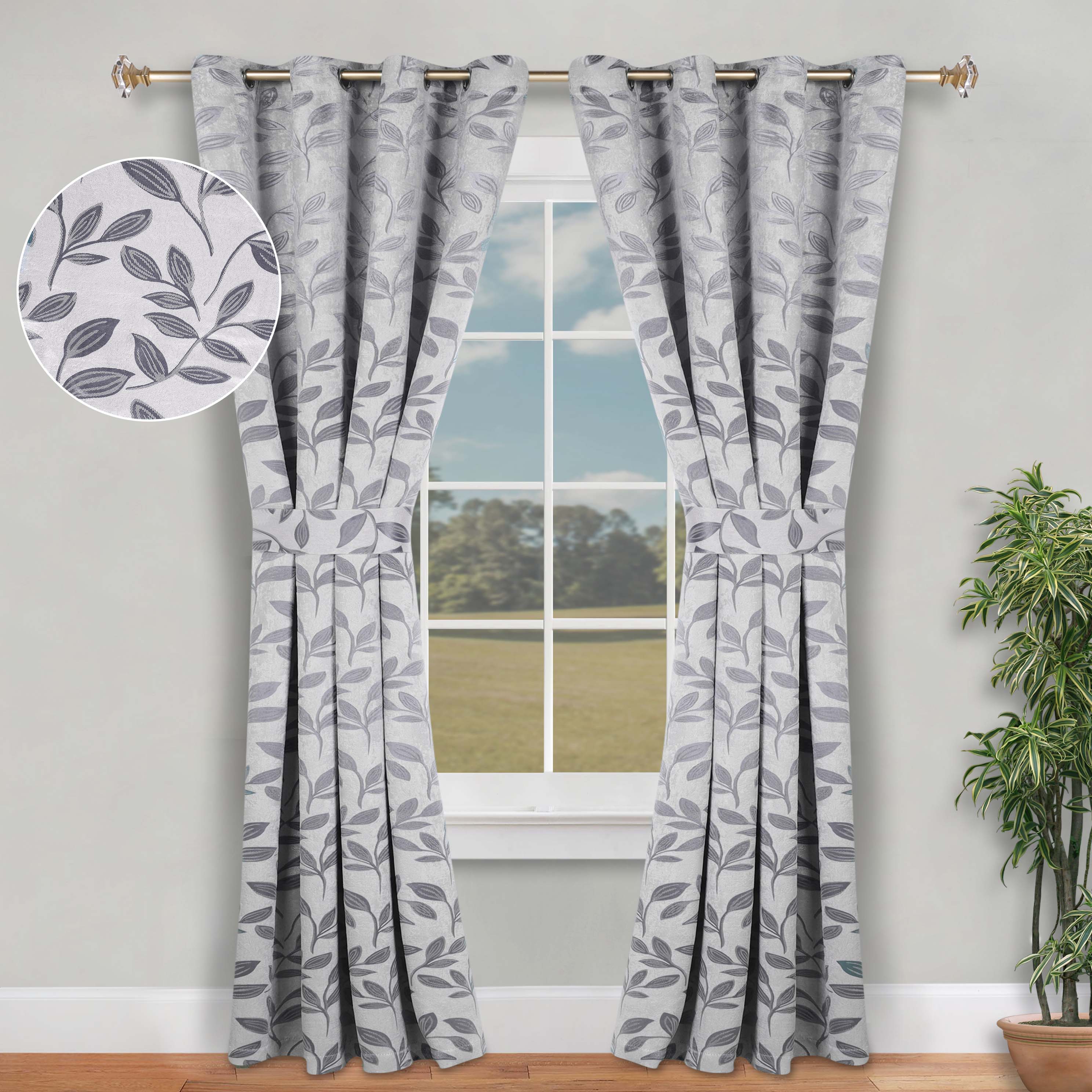 Blackout Curtains for Bedroom - Set of 2 Panels, 100% Room Darkening Thermal Insulated Drapes with Leaves Pattern - Perfect for Nursery, Home Theater & Light Sleepers