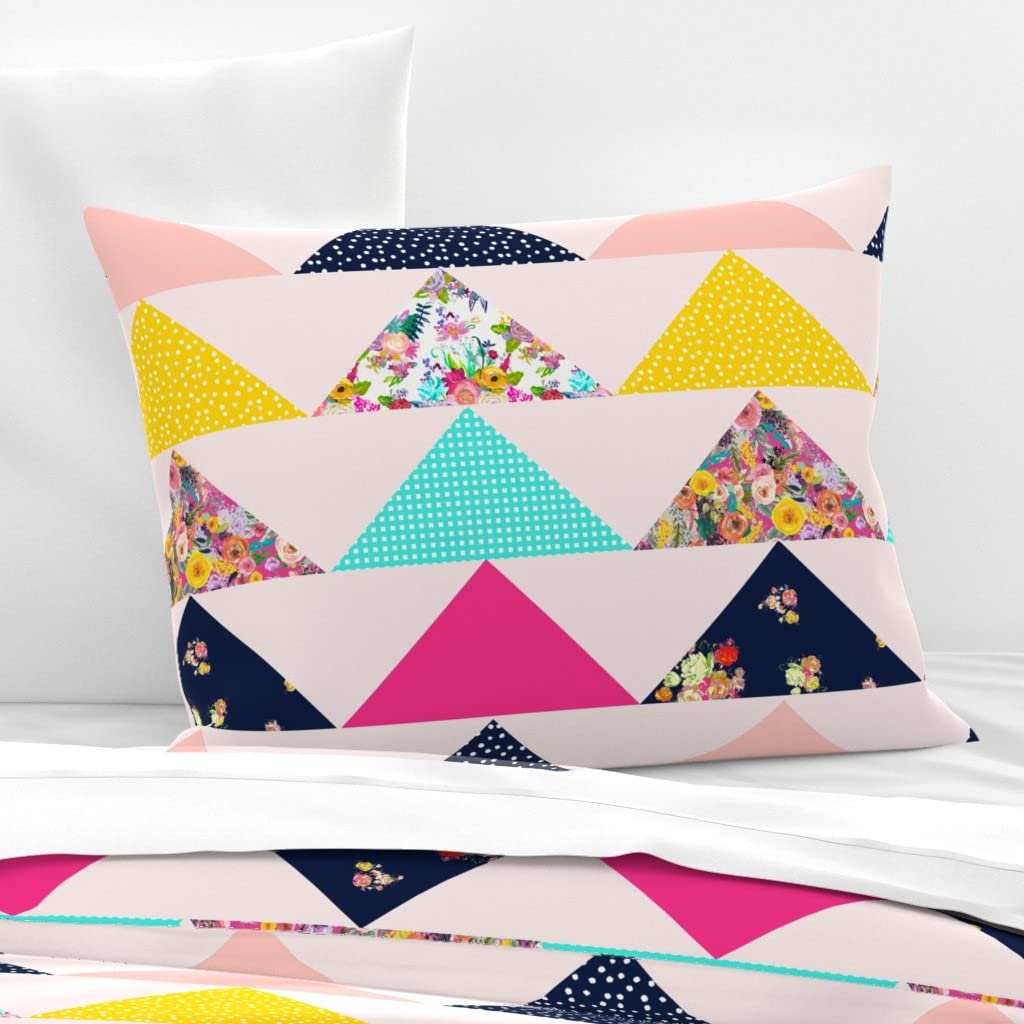 Soft Cotton Sateen Standard Sham Pillowcase - Pink Triangle Patchwork Floral Print for Girls' Room Decor | Cute Baby Nursery Bedding Set | Perfect for Toddler Bedrooms & Birthday Gifts