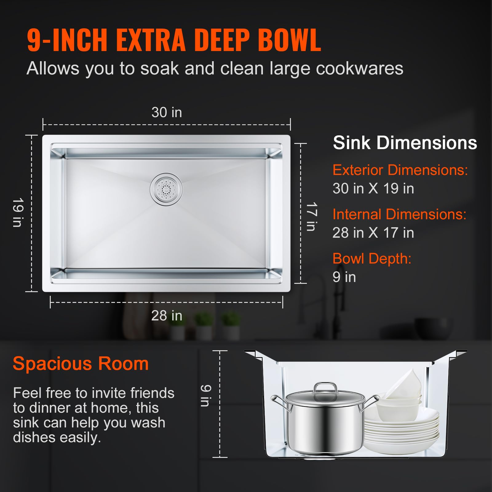 VEVOR 30 Inch 304 Stainless Steel Kitchen Sink - Single Bowl Drop-In/Undermount Design with Drainboard & Accessories - Perfect for Home Kitchens, RV, Prep Stations & Bars - Durable & Stylish Sink for Dishwashing, Food Prep & Entertaining