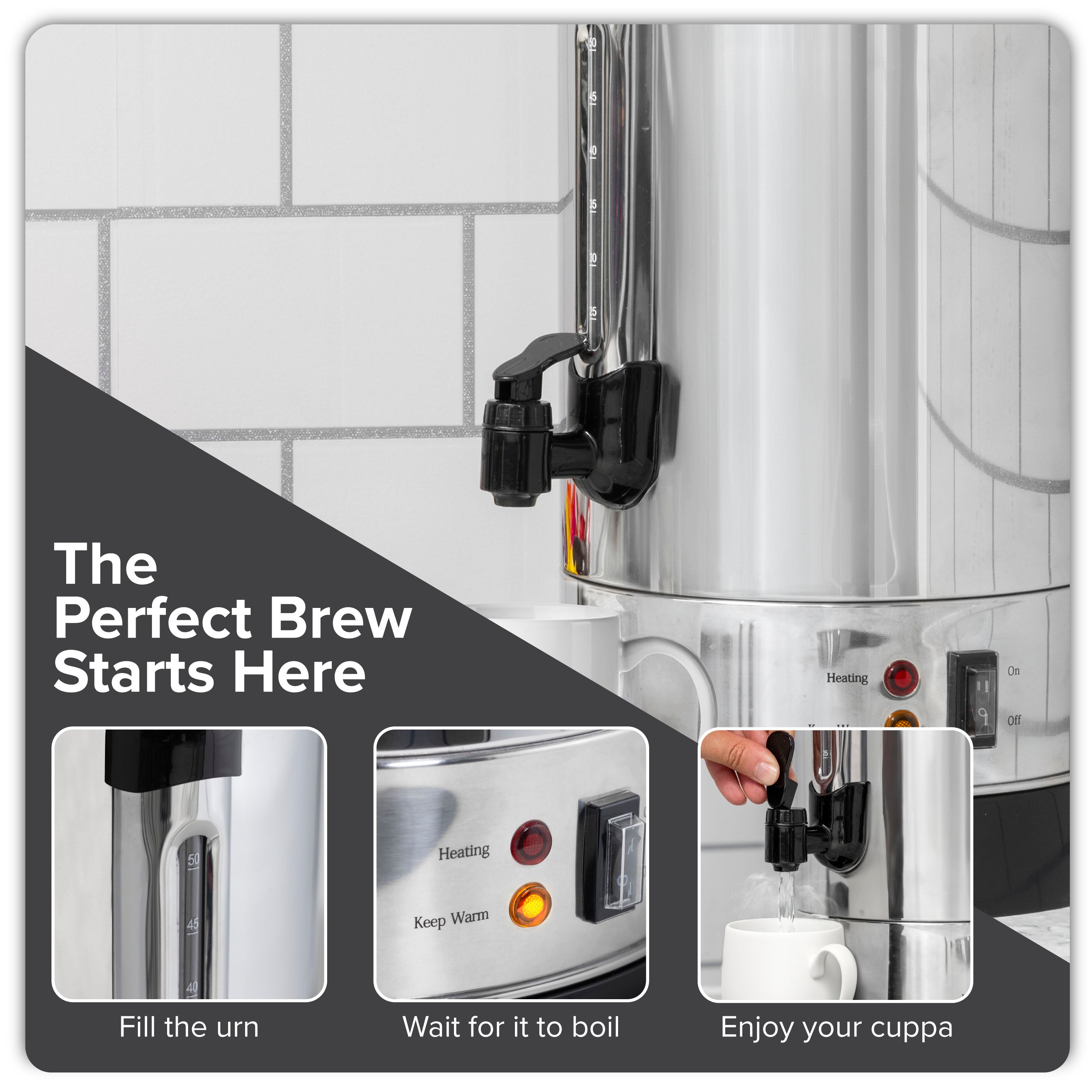 Baridi 10L Stainless Steel Hot Water Boiler & Tea Urn with Drip Tray - Keep Warm Function for Coffee, Tea & Catering - Perfect for Restaurants, Cafes & Events
