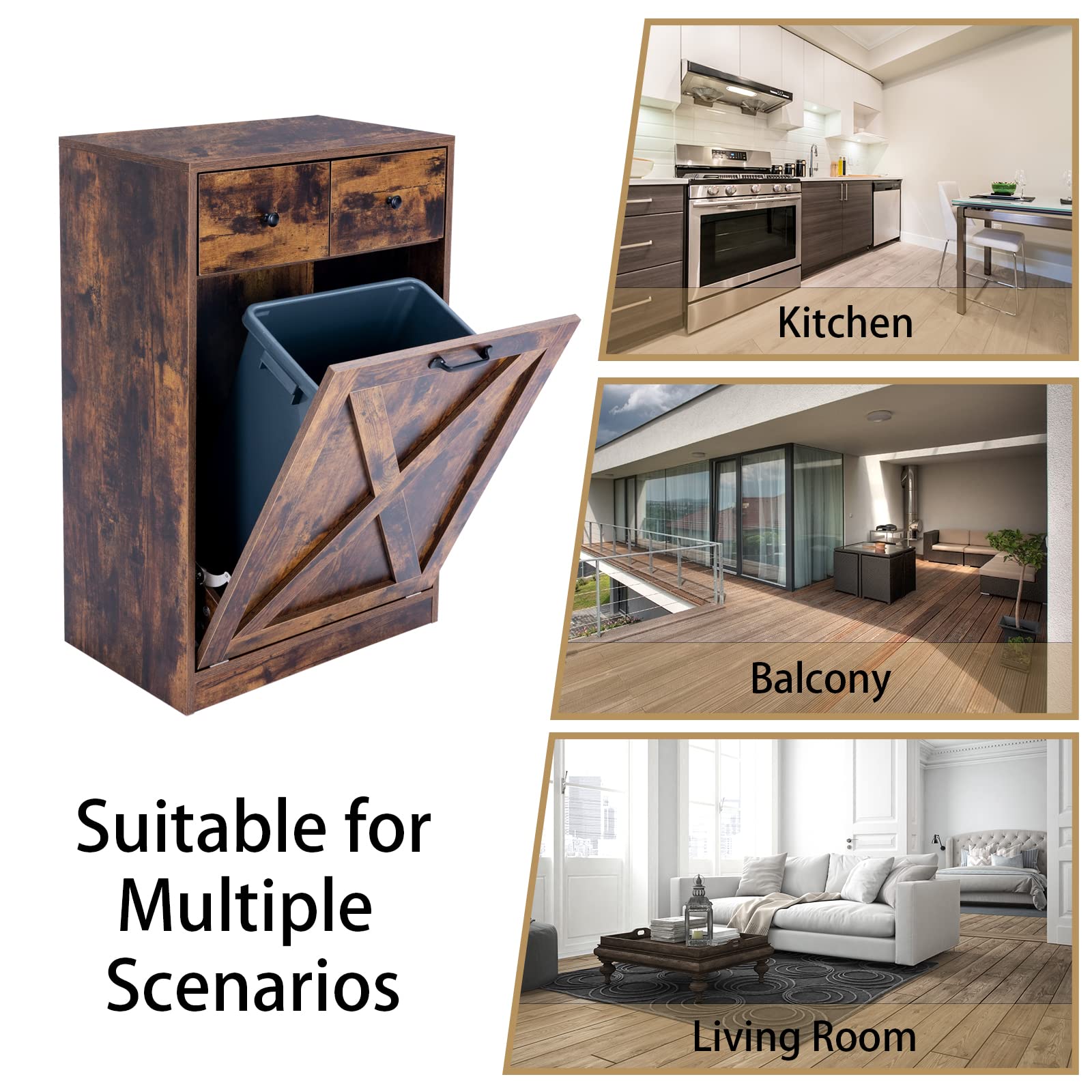 Tilt Out Trash Cabinet with 2 Drawers - Wooden Hidden Kitchen Recycling Storage - Free Standing Pet Proof Garbage Bin - Laundry Cabinet for Kitchen, Living Room & Dining Room - Rustic Brown - Perfect for Small Spaces & Pet-Friendly Homes