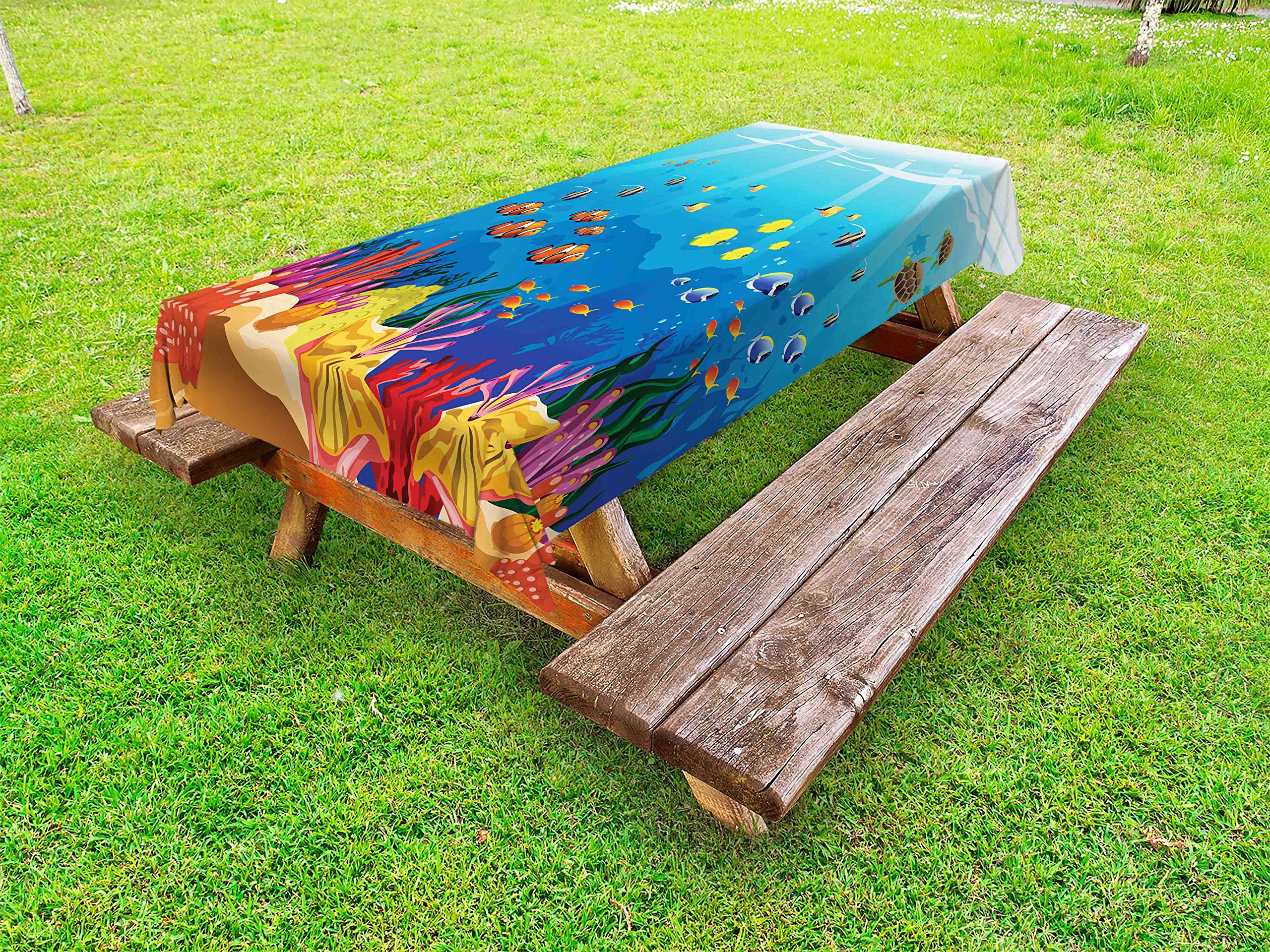 Lunarable Ocean Themed Outdoor Tablecloth - Sealife Navy Fish, Moss, Shells, Bubbles, Stones & Sunbeams Cartoon Print - Waterproof Washable Picnic Table Cover 58x120 Inches - Perfect for Beach Parties, Backyard BBQs & Outdoor Dining