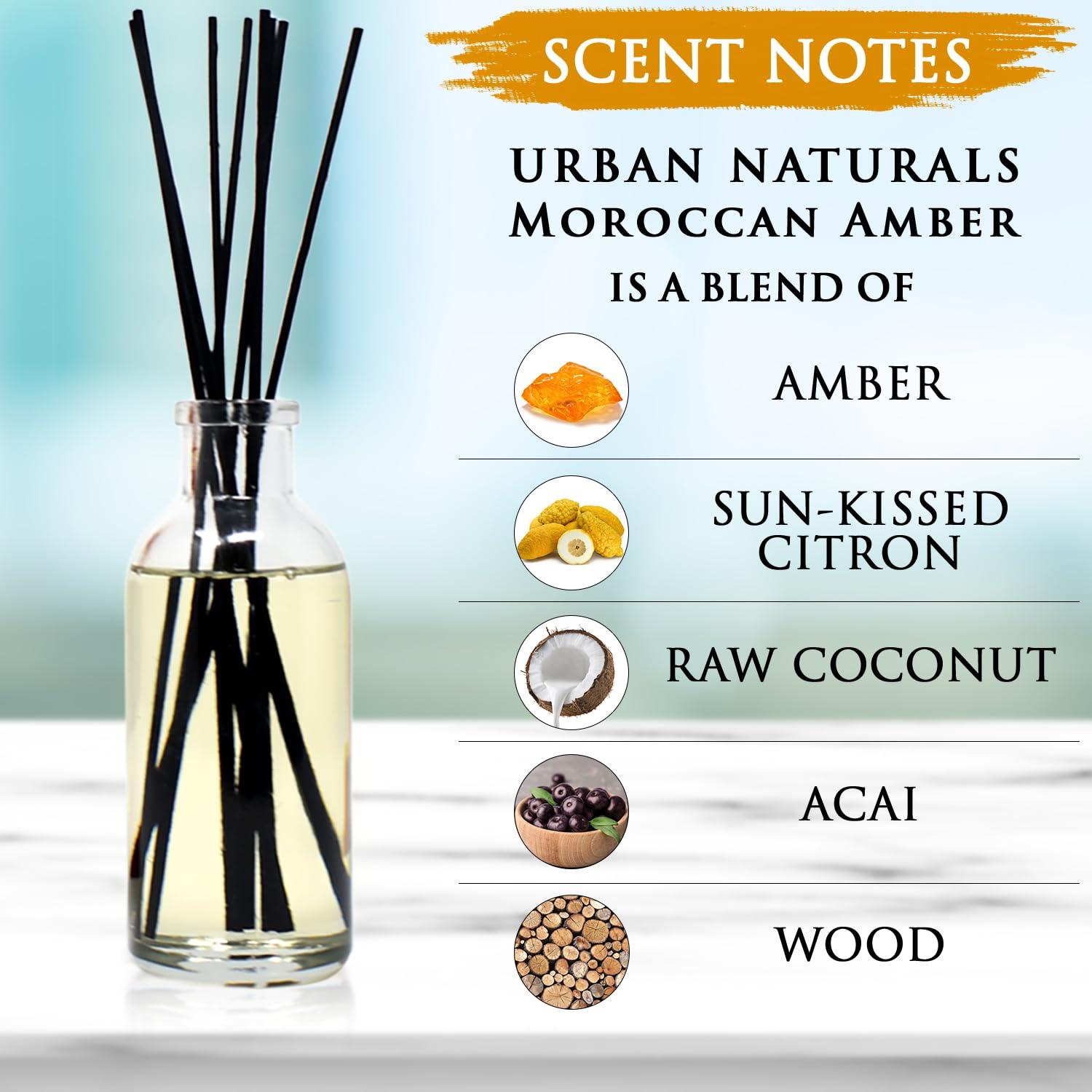 Urban Naturals Moroccan Amber Essential Oil Reed Diffuser Gift Set - Golden Silk Amber, Sun-Kissed Citron, Raw Coconut & Acai Scented Home Fragrance | Perfect for Living Room, Bedroom & Bathroom Aromatherapy