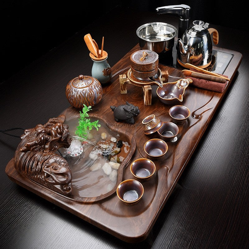 Premium Automatic Tea Set with Jun Kiln Ceramics & Fish Pond Tea Tray - Perfect for Chinese Tea Ceremony, Home Decor & Zen Meditation Space
