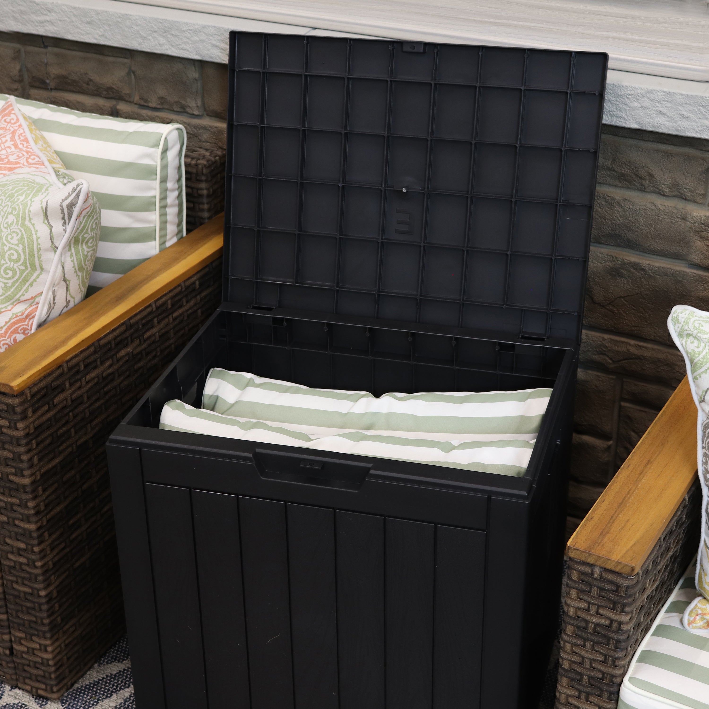 Sunnydaze 32 Gallon Small Deck Storage Box with Lockable Lid - Outdoor Patio Furniture Organizer for Cushions, Pillows, and Garden Tools